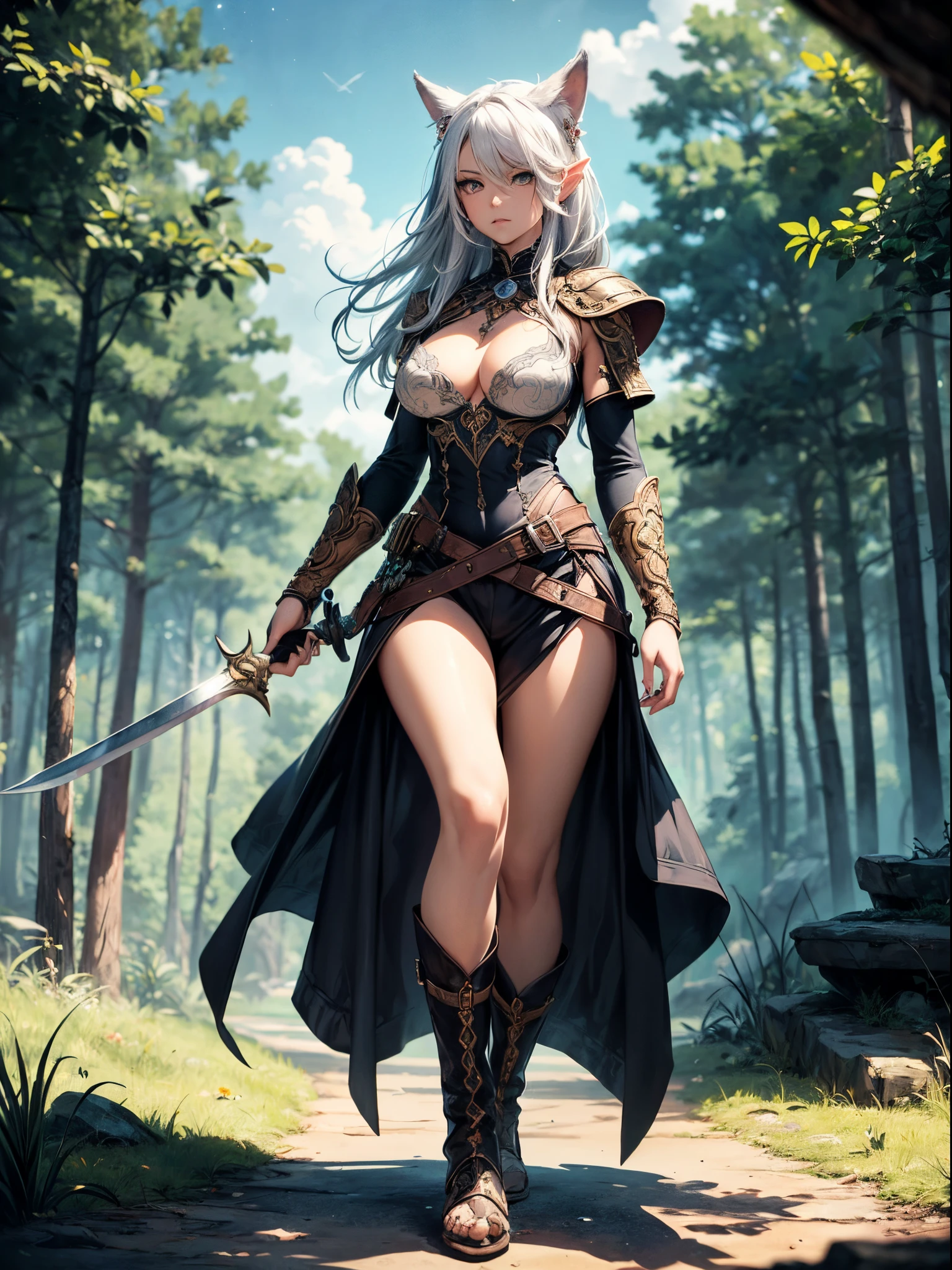 high details, best quality, 8k, [ultra detailed], masterpiece, best quality, (extremely detailed), dynamic angle, ultra wide shot, RAW, photorealistic, fantasy art, dnd art, rpg art, realistic art, a wide angle picture of a female drow ranger and her pet wolf,  warrior of nature, fighter of nature, full body, [[anatomically correct]] full body (1.5 intricate details, Masterpiece, best quality) talking to a wolf (1.6 intricate details, Masterpiece, best quality) armed with a sword  (1.5 intricate details, Masterpiece, best quality). in dark forest (1.5 intricate details, Masterpiece, best quality), a female  dark elf wearing leather armor (1.4 intricate details, Masterpiece, best quality), leather boots, thick hair, long hair, white hair, black skin intense eyes, forest  background (intense detailoon light, stars light, clouds (1.4 intricate details, Masterpiece, best quality), dynamic angle, (1.4 intricate details, Masterpiece, best quality) 3D rendering, high details, best quality, highres, ultra wide angle
