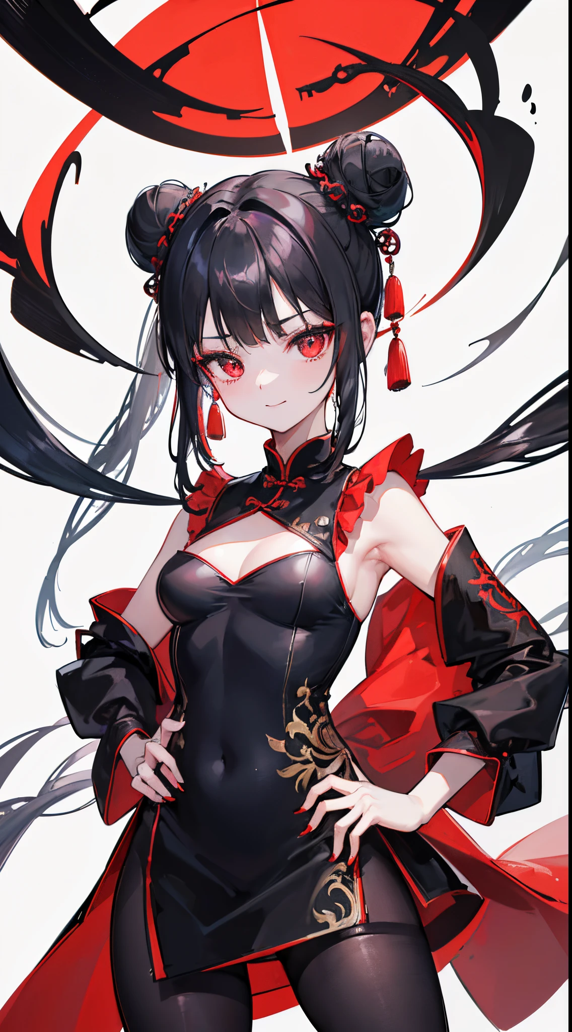 (8K、Top image quality、top-quality、masterpiece)、A detailed face、1 girl in、black hair double bun、blunt bangs、red eyes、smil、Moderately breasts、red chinese clothes、long-sleeve、side slit、((black pantyhose))、cowboy shot、Taken from below、Chinatown background