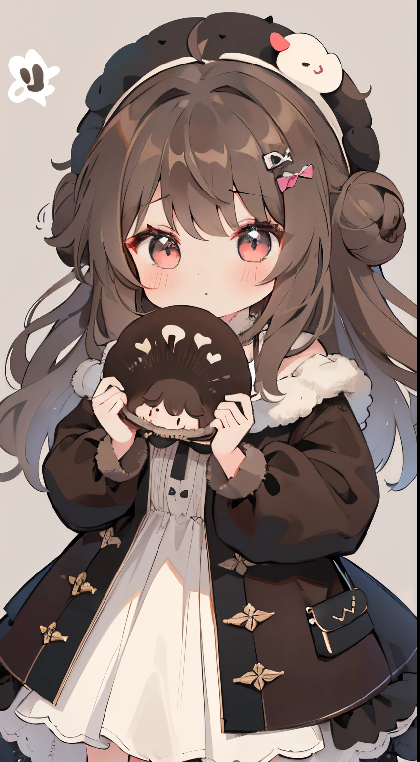 1girl,fluffy hair, Wavy hair, dark brown hair, (fan-shaped dark brown to grayish-brown mushroom on head), Fluffy dresses,cute little、Calm、Muffled dresses、cream-colored、