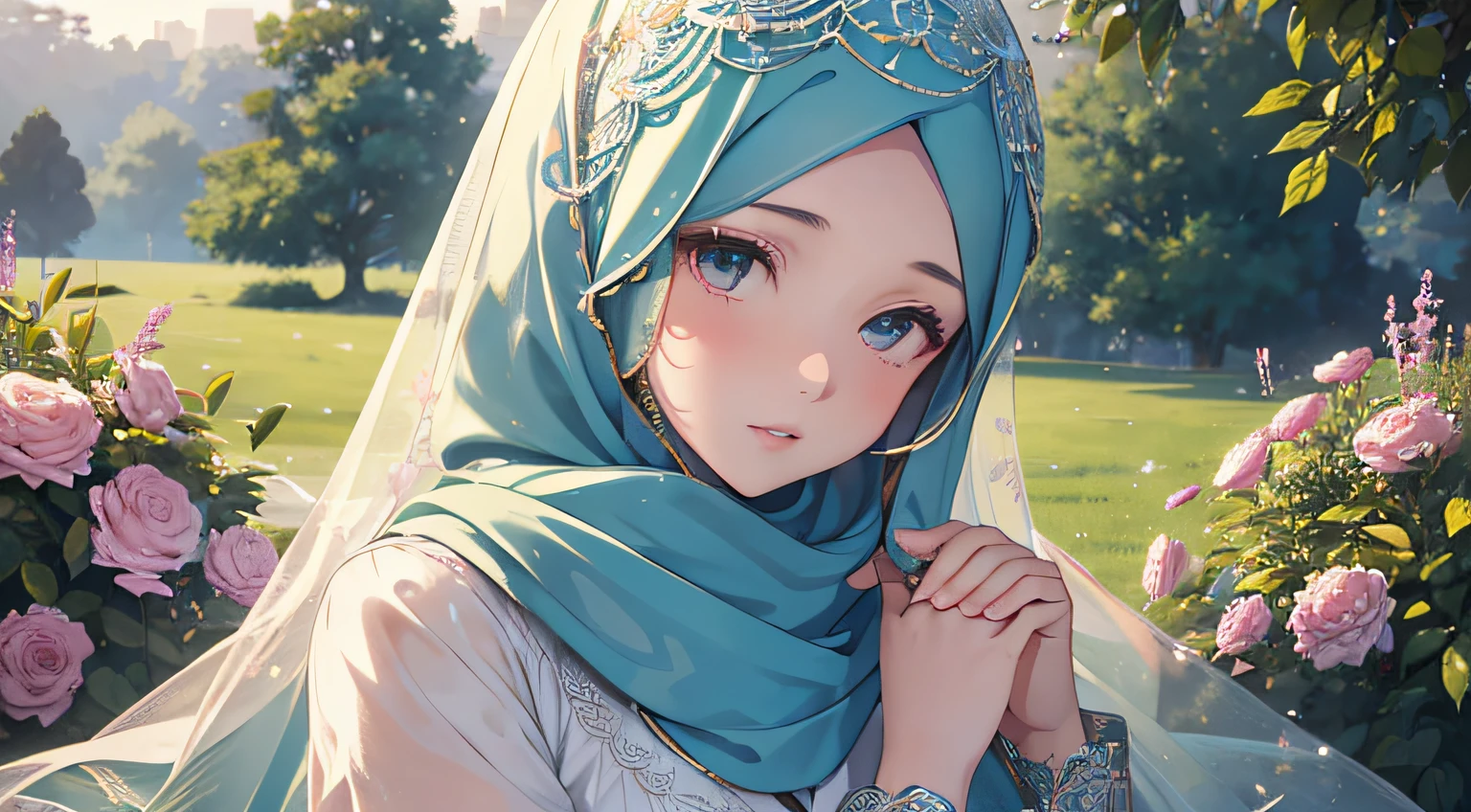 (best quality,4k,8k,highres,masterpiece:1.2),ultra-detailed,(realistic,photorealistic,photo-realistic:1.37),portraits,hijab,garden,beautiful detailed eyes,beautiful detailed lips,extremely detailed face,long eyelashes,soft and natural lighting,vibrant colors,flowing fabrics,serene atmosphere,peaceful expression,feminine pose,botanical elements,inspiring and tranquil setting,subtle textures,A girl dressed in an elegant hijab standing gracefully in a vibrant garden. She has beautiful, detailed eyes and lips that exude calmness and serenity. Her face is extremely detailed, highlighting the intricate features and long eyelashes. The garden surrounding her is filled with lush greenery, blooming flowers, and a variety of botanical elements. The lighting is soft and natural, casting a gentle glow on her face. The colors in the scene are vibrant and visually striking, creating a captivating visual experience. The hijab she wears is flowing and elegant, adding a touch of grace to her appearance. The overall atmosphere is peaceful, inspiring, and tranquil, creating a sense of harmony and beauty. Subtle textures add depth and richness to the image, enhancing the realism. This masterpiece of a portrait captures the essence of femininity, empowerment, and tranquility in a stunning and captivating manner,hatsune miku,muslim,islam,uding hijab,