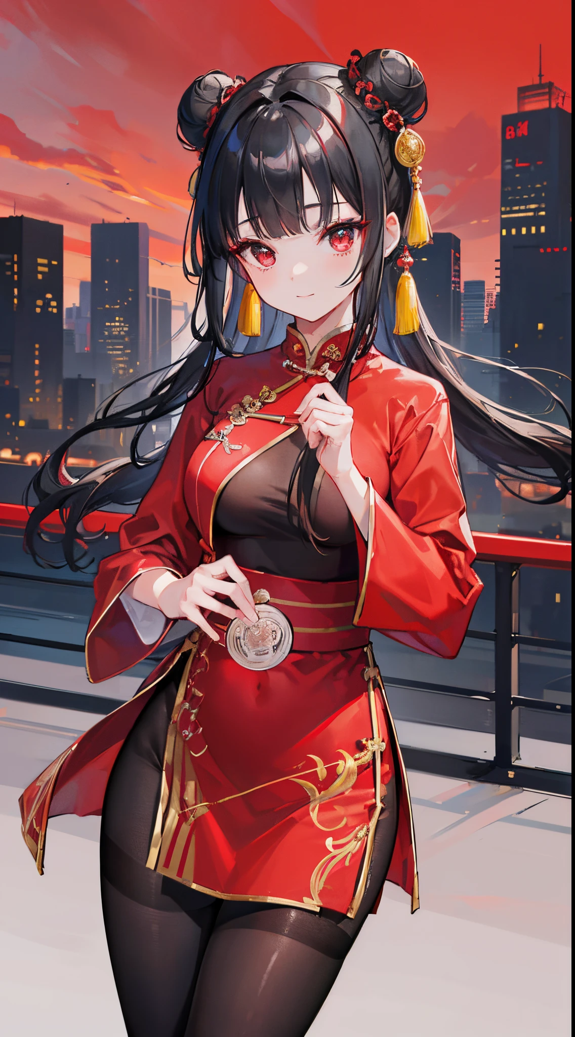 (8K、Top image quality、top-quality、​masterpiece)、A detailed face、1 girl in、black hair double bun、blunt bangs、red eyes、smil、Moderately breasts、((red chinese clothes))、long-sleeve、side slit、((black pantyhose))、cowboy  shot、POV、evening glow、((Downtown background))