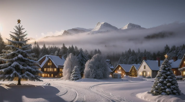 Hyperrealistic christmas landscape photo of a village covered with snow in the ethereal mist,  christmas tree:1.2, street lanterns, few houses with illuminated windows, smokey chimneys,vivid colors, snowy sky, sun beams, extremely high-resolution details, photorealism, realistic lifelike textures, masterpiece, best quality, photograph, dreamlike, intricate details, sharp focus, photography, photorealism, photorealistic, 8k, volumetric light, (intricate details), (hyperdetailed), hdr, high detailed, lot of details, high quality, soft cinematic light, dramatic atmosphere, atmospheric perspective, wide