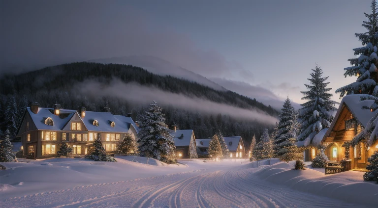 Hyperrealistic christmas landscape photo of a village covered with snow in the ethereal mist,  christmas tree:1.2, street lanterns, few houses with illuminated windows, smokey chimneys,vivid colors, snowy sky, sun beams, extremely high-resolution details, photorealism, realistic lifelike textures, masterpiece, best quality, photograph, dreamlike, intricate details, sharp focus, photography, photorealism, photorealistic, 8k, volumetric light, (intricate details), (hyperdetailed), hdr, high detailed, lot of details, high quality, soft cinematic light, dramatic atmosphere, atmospheric perspective, wide