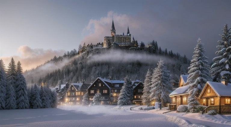 Hyperrealistic christmas landscape photo of a village covered with snow in the ethereal mist,  christmas tree:1.2, street lanterns, few houses with illuminated windows, smokey chimneys,vivid colors, snowy sky, sun beams, extremely high-resolution details, photorealism, realistic lifelike textures, masterpiece, best quality, photograph, dreamlike, intricate details, sharp focus, photography, photorealism, photorealistic, 8k, volumetric light, (intricate details), (hyperdetailed), hdr, high detailed, lot of details, high quality, soft cinematic light, dramatic atmosphere, atmospheric perspective, wide