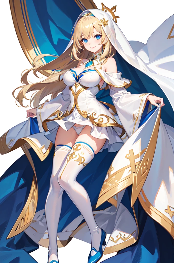 solo, gold hair, long hair, white Veil, pretty, saint, maria, Off-shoulder top,short, b cup breasts, white skirt, white panties, blue eyes, detail eyes, happy, smile, anime, white thigh-highs, blue shoes, ((Best Quality)), ((Masterpiece Work)), (Detailed), fullbody, loraeyes, white background