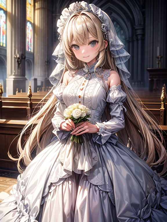  beautiful illustration, (natural side lighting, movie lighting), depth of fields,
looking at viewer, bust photo, uzumaki_kushina, big breast ,off shoulder dress,navel, cleavage, belly button,
beautiful hair, beautiful face, beautiful detailed eyes, beautiful clavicle, beautiful body, beautiful chest, beautiful thigh, beautiful legs, beautiful fingers, 
detailed cloth texture, wedding princess dress, head flower, headdress, (bandeau wedding dress:1.5), (silk dress:1.2), (strapless wedding dress:1.5), 
plain white dress, necklace, earring, cleavage, bouquet, (lace gloves:1.2), (bridal veil:1.2), (short transparent veil:1.2), 
(beautiful scenery), evening, crystal clear sunlight, (church, stained glass) walking, (happy smile, blush), 
