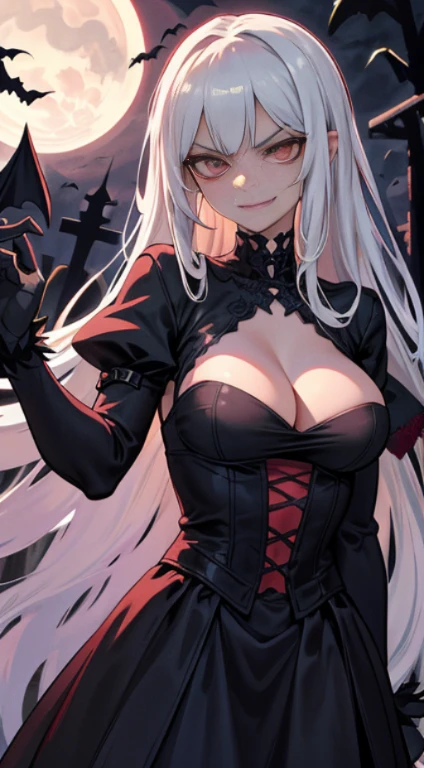 Bad girl, mature woman, older, long chiseled face, masterpiece, best quality, ultra detailed, 1 girl,
Ivory-maned siren, long hair, ruby eyes, haunting gaze, painstakingly crafted eyes, devilish smirk with fangs, dripping blood from mouth, black gothic dress, alluring clothing, night, moonlight, trees, plants, flowers, bats, horror scenery, detailed scenery.
