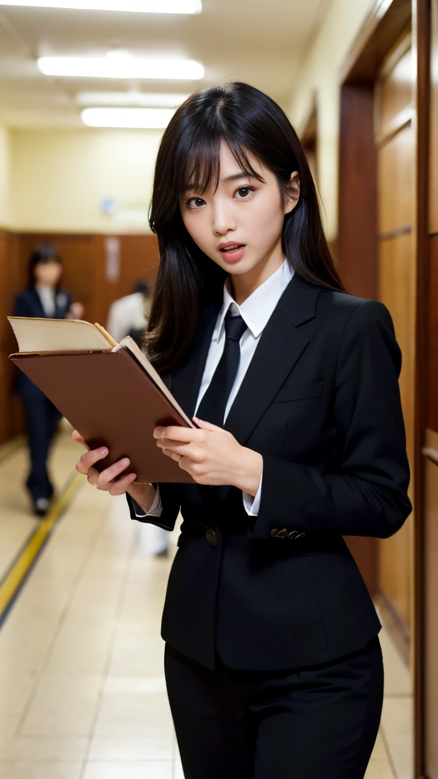 Best-quality, Masterpiece, Ultra-High-Resolution, (Photorealistic:1.4), Raw-Photo, Extremely-Details, Perfect-Anatomy, 

1girl, the most famou Japanese actress and Japanese high school teacher, ((angry, yelling and running through hallway of Japanese high school, holding some books in right hand, holding dictionary in left hand, detailed angry face, detailed hallway, detailed some books, detailed dictionary):1.2), wearing women's business pants suit with stylish design, 

(((extremely beautiful face like a most popular Japanese actress, extremely beautiful big black solid circle eyes, extremely beautiful hair))), detailed women's business pants suit with stylish design, detailed Japanese high school