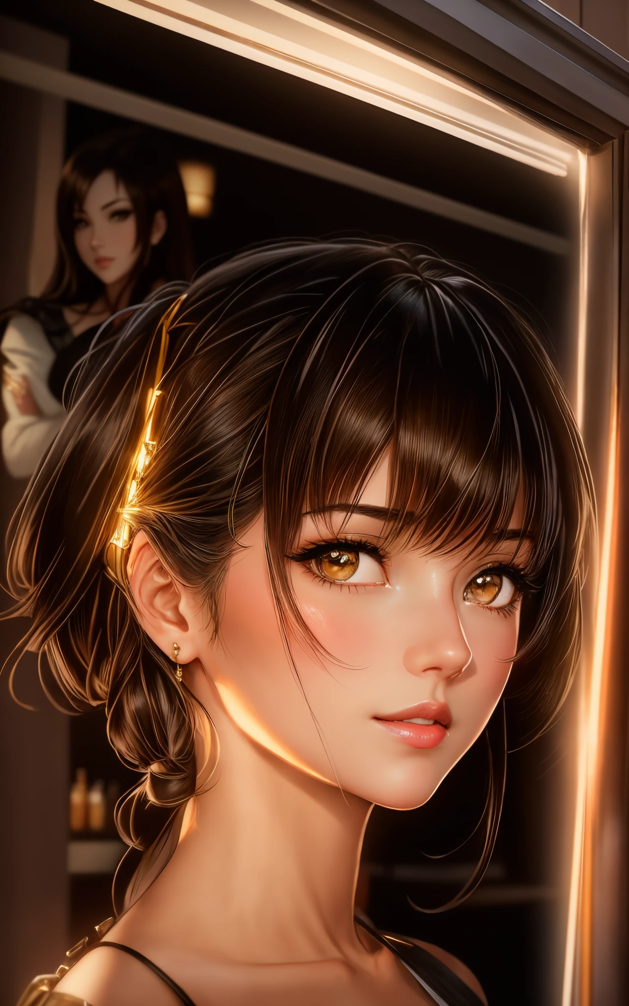arafed image of a sexy couple posing together in a window, seductive tifa lockhart portrait, tifa, tifa lockhart, tifa lockheart, tifa lockhart portrait, glamorous tifa lockheart, portrait of tifa lockhart, tifa lockhart with Gold and black hair, range murata and artgerm, 8k high quality detailed art