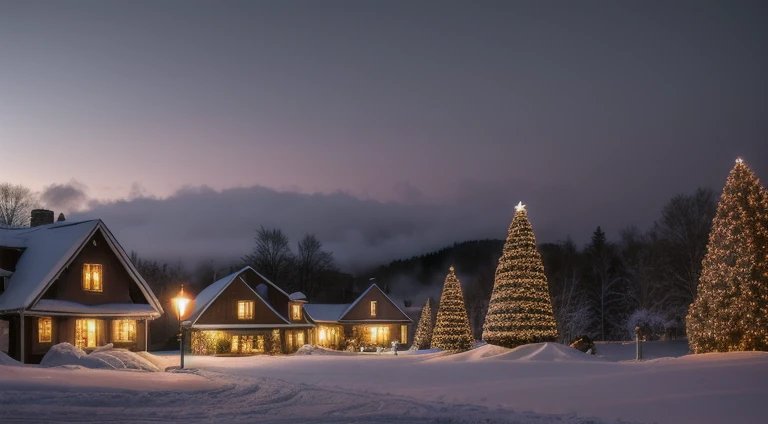 Hyperrealistic christmas landscape photo of a village covered with snow in the ethereal mist, christmas tree:1.2 in the center, street lanterns, few houses with illuminated windows, smokey chimneys,vivid colors, snowy sky, sunset,pink color gradient to orange color in the sky, extremely high-resolution details, photorealism, realistic lifelike textures, masterpiece, best quality, photograph, dreamlike, intricate details, sharp focus, photography, photorealism, photorealistic, 8k, volumetric light, (intricate details), (hyperdetailed), hdr, high detailed, lot of details, high quality, soft cinematic light, dramatic atmosphere, atmospheric perspective, wide
