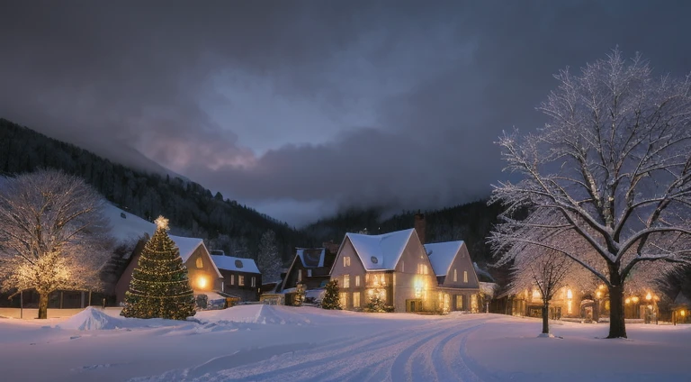Hyperrealistic christmas landscape photo of a village covered with snow in the ethereal mist, christmas tree:1.2 in the center, street lanterns, few houses with illuminated windows, smokey chimneys,vivid colors, snowy sky, sunset,pink color gradient to orange color in the sky, extremely high-resolution details, photorealism, realistic lifelike textures, masterpiece, best quality, photograph, dreamlike, intricate details, sharp focus, photography, photorealism, photorealistic, 8k, volumetric light, (intricate details), (hyperdetailed), hdr, high detailed, lot of details, high quality, soft cinematic light, dramatic atmosphere, atmospheric perspective, wide