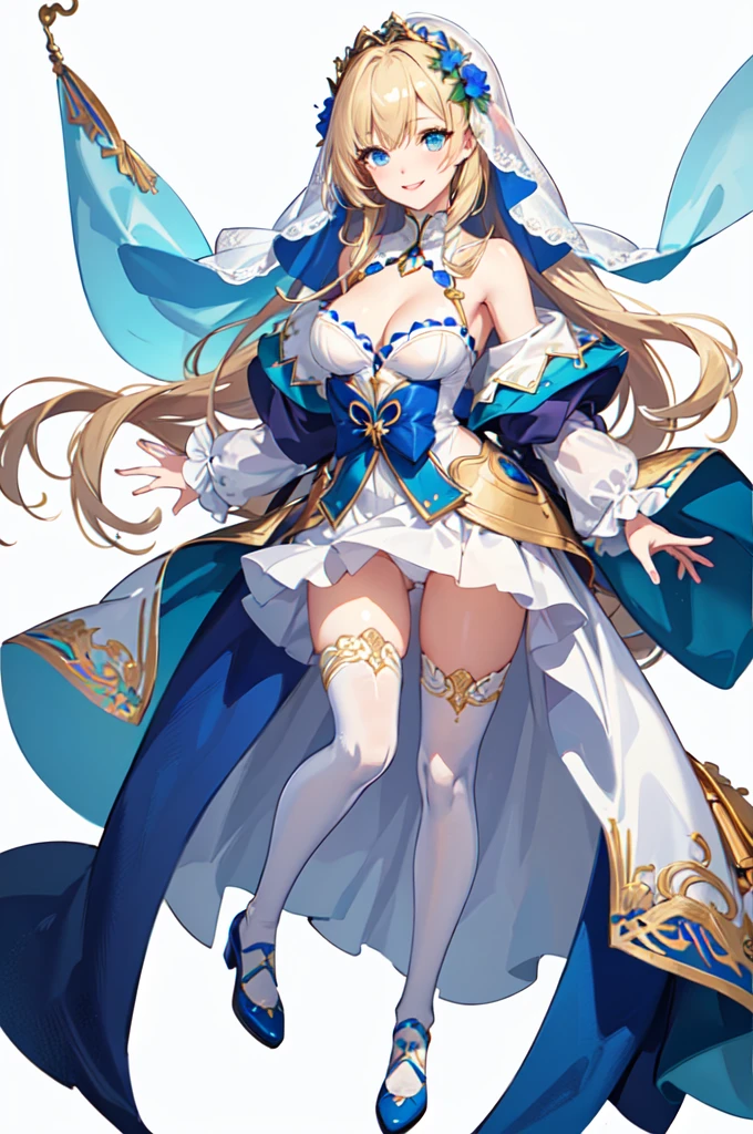 solo, gold hair, long hair, white Veil, pretty, saint, Off-shoulder top,short, b cup breasts, white skirt, white panties, blue eyes, detail eyes, happy, smile, anime, white thigh-highs, blue shoes, ((Best Quality)), ((Masterpiece Work)), (Detailed), fullbody, loraeyes, white background