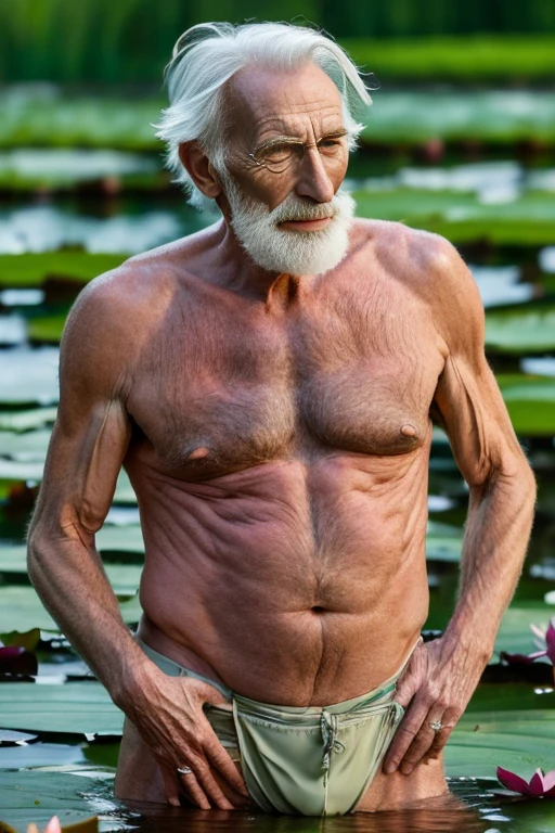 John Glover, An elder with a long beard and white hair, with a serene face wrinkles, looking producing, body older weak, skinny bones hairy, body naked, his shirt was open to reveal his stomach wrinkles older hairy weak and chest, arms legs neck hands feet skinny old and weak, shy and blushed, Lying in the water,water lily,lotus leaf,Closed eyes,master-piece,4K images,beste-Qualit