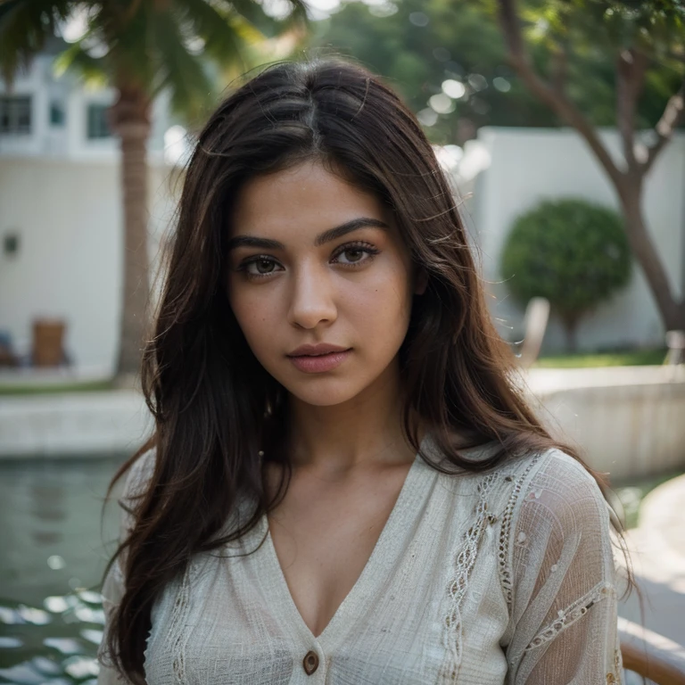 (Best quality, Ultra-detailed, Masterpiece:1.5), Photorealistic photograph of a beautiful pakistani woman on a yacht with her friends. The woman should have a flawless, highly detailed face (Highly Detailed Skin) with soft, luminous skin. Her long hair should be naturally brown and stylishly arranged. (Perfect Eyes:1.2). The photography should feature high-quality film grain (ISO 400, 30mm lens RAW f1.8 aperture, highly detailed) to create the impression of analog photography (Analog Photography:1) with HDR colors. She is wearing stylish and modest clothing.
