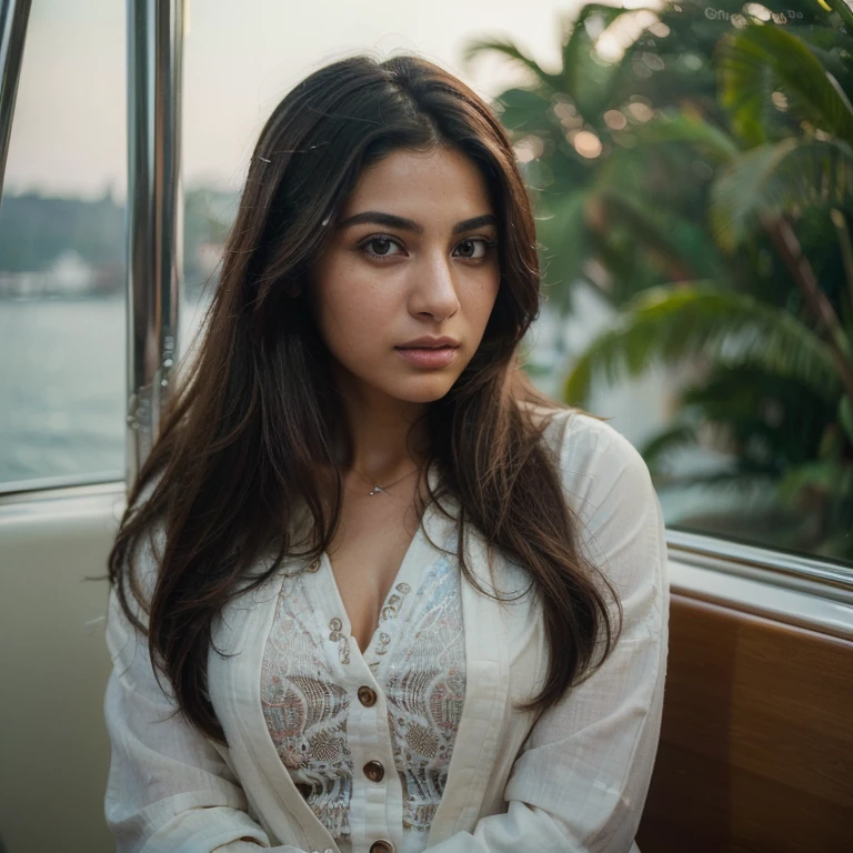(Best quality, Ultra-detailed, Masterpiece:1.5), Photorealistic photograph of a beautiful pakistani woman on a yacht with her friends. The woman should have a flawless, highly detailed face (Highly Detailed Skin) with soft, luminous skin. Her long hair should be naturally brown and stylishly arranged. (Perfect Eyes:1.2). The photography should feature high-quality film grain (ISO 400, 30mm lens RAW f1.8 aperture, highly detailed) to create the impression of analog photography (Analog Photography:1) with HDR colors. She is wearing stylish and modest clothing.