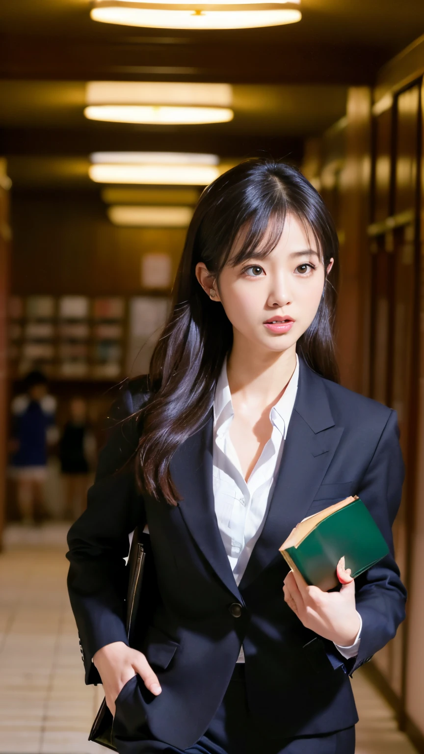 Best-quality, Masterpiece, Ultra-High-Resolution, (Photorealistic:1.4), Raw-Photo, Extremely-Details, Perfect-Anatomy,
1girl, the most famou Japanese actress and Japanese high school teacher, ((angry, ((running through hallway of Japanese high school, holding some books in right hand, holding dictionary in left hand):1.2), detailed angry face, detailed hallway of Japanese high school, detailed some books, detailed dictionary):1.2), wearing women's business pants suit with stylish design, detailed women's business pants suit with stylish design,
(((extremely beautiful face like a most popular Japanese actress, extremely beautiful big black solid circle eyes, extremely beautiful hair):1.1)),
