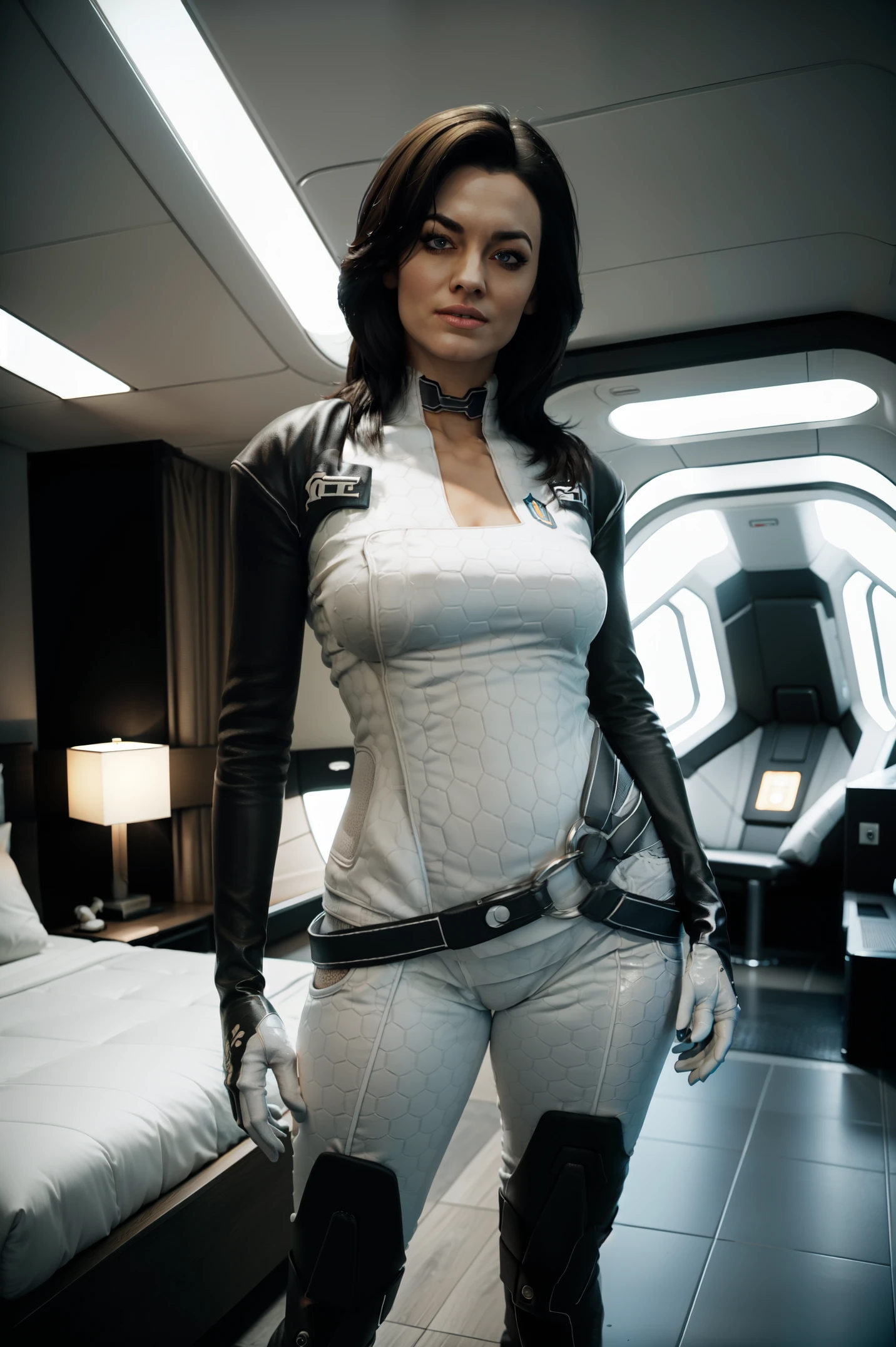 photorealistic:1.4, masterpiece, high detailed, best quality, highres:1.2, realistic, 1girl, solo, mature girl, Miranda Lawson, black hair, long hair, pretty face, blue eyes, bodysuit, choker, gloves, belt, boots, large breasts, cleavage, looking at viewer, indoors, spaceship interior, futuristic bedroom, standing, leaning to the camera, sexy pose, natural feminine hands, natural legs, legs together, full body shot, curious face expression, opened mouth