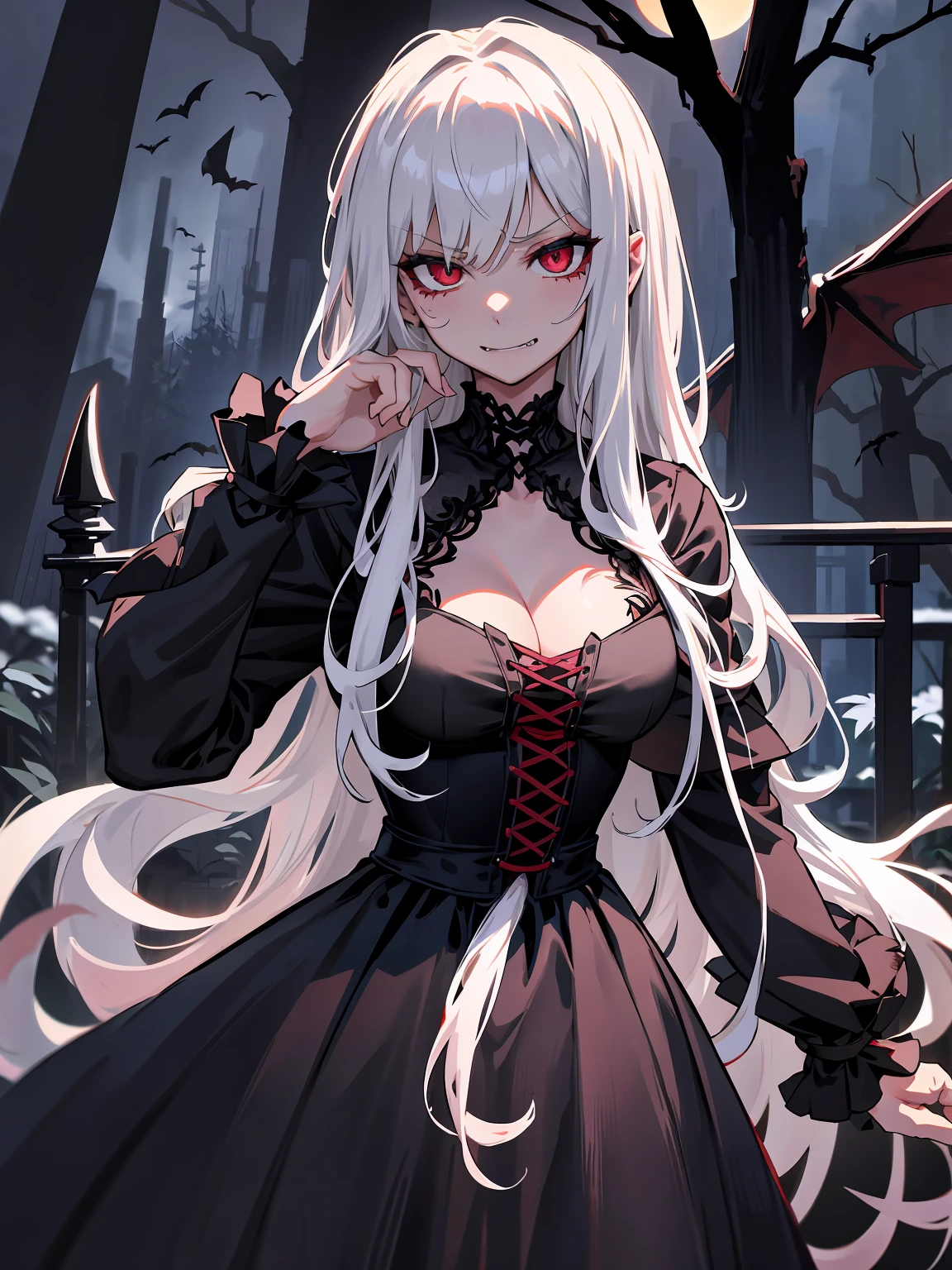 Bad girl, mature woman, older, long chiseled face, masterpiece, best quality, ultra detailed, 1 girl,
Ivory-maned siren, long hair, ruby eyes, haunting gaze, painstakingly crafted eyes, devilish smirk with fangs, dripping blood from mouth, black gothic dress, alluring clothing, night, moonlight, trees, plants, flowers, bats, horror scenery, detailed scenery.