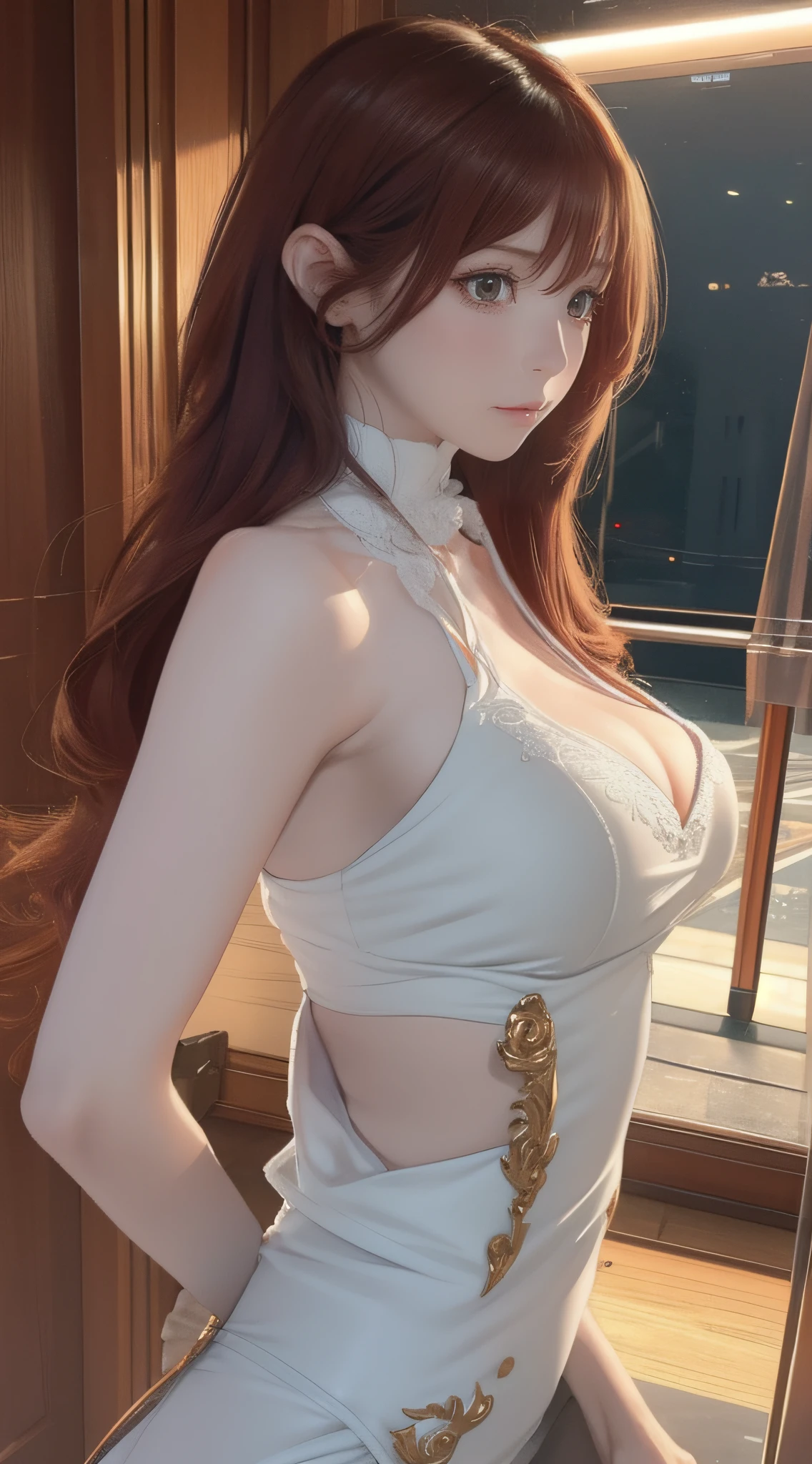 (Cinematic scene,Fantasy Art,Highest image quality,hyperrealistic portrait,(8K),Ultra-realistic,Best Quality,High quality,High Definition,high quality texture,high detailing,Beautiful detailed,fine detailed,extremely details CG,Detailed texture,realistic representation of face,masutepiece,presence,Dynamic,Bold),1gir,Ultra detailed skin,Curve,Petite,Beautiful breasts,Large breasts,pale skin,pointed breast,Erect nipples,(super thin hair),(ultra soft hair),(ultra straight hair),Swept long bangs,very light coppery amber hair,Hair over one eye