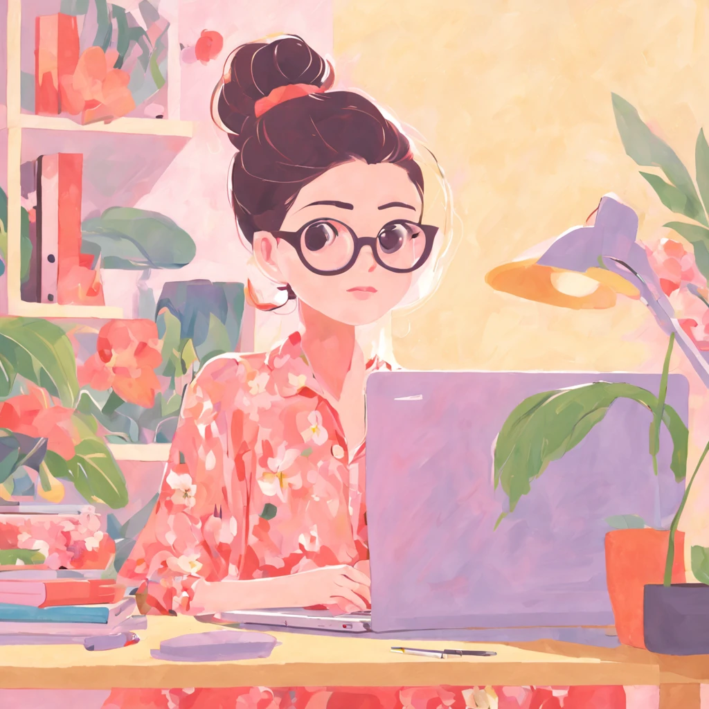 Best Quality, 超A high resolution, (masutepiece: 1.4)、Work from home、A woman teleworking in front of a laptop、30s、business sui、Copy Space