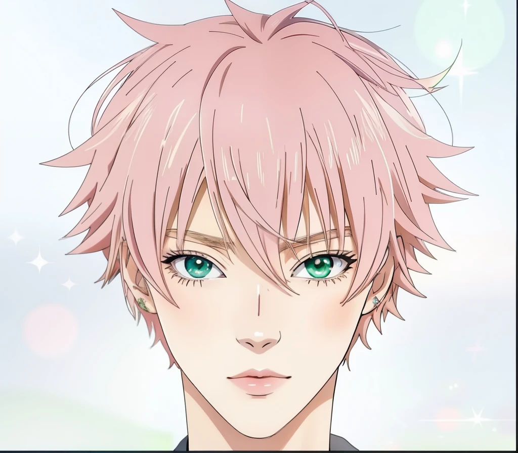 Anime image of a man with pink hair and green eyes, Male anime character, inspiriert von Okumura Togyu, Big anime guy with green eyes, Semi-realistischer Anime, inspiriert von Okumura Masanobu, Detailliertes Anime-weiches Gesicht, orange - haariger anime-junge, Junger Anime-Mann, Er hat einen durchdringenden Blick, Perfektes Anime-Gesicht, Sasoura, green eyes, light green eyes, ohring am linkem ohr, blauer ohring im linkem ohr, lange wimpern, blonde augenbrsuen