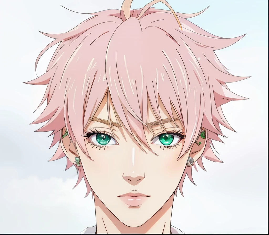 Anime image of a man with pink hair and green eyes, Male anime character, inspiriert von Okumura Togyu, Big anime guy with green eyes, Semi-realistischer Anime, inspiriert von Okumura Masanobu, Detailliertes Anime-weiches Gesicht, orange - haariger anime-junge, Junger Anime-Mann, Er hat einen durchdringenden Blick, Perfektes Anime-Gesicht, Sasoura, green eyes, light green eyes, ohring am linkem ohr, blauer ohring im linkem ohr, lange wimpern, blonde augenbrsuen