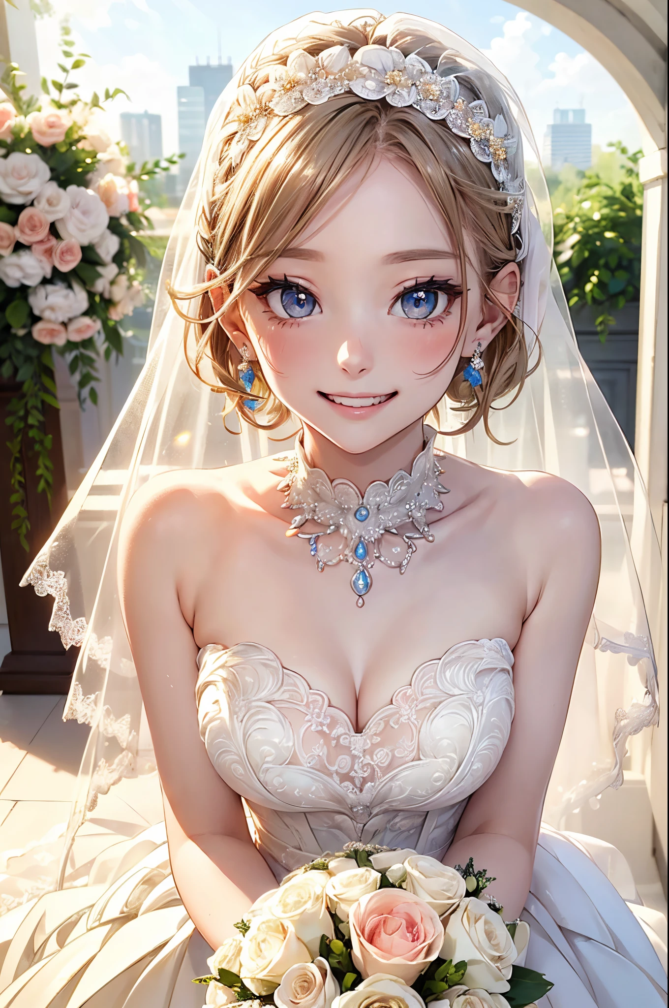 absurderes, (独奏:1.5,)ultra-detailliert,bright colour, extremely beautiful detailed anime face and eyes, view straight on, ;D, shiny_skin,25 years old, Short hair,, asymmetrical bangs, Blonde hair with short twin tails, Shiny hair, Delicate beautiful face, red blush、(Blue eyes), White skin, earrings, Beautiful skyline,(magnificent sky),(Happy smile:1.4),beautiful and delicate eyes,Cute Girly,Perfect slim body,(L'Atelier Mariage Wedding Dress:1.5),(wedding veil:1.3),View of the church,Pure eyes,The skin is smooth like a baby,lakes,(Colorful flowers and plants:1.3),(Full body:1.2)