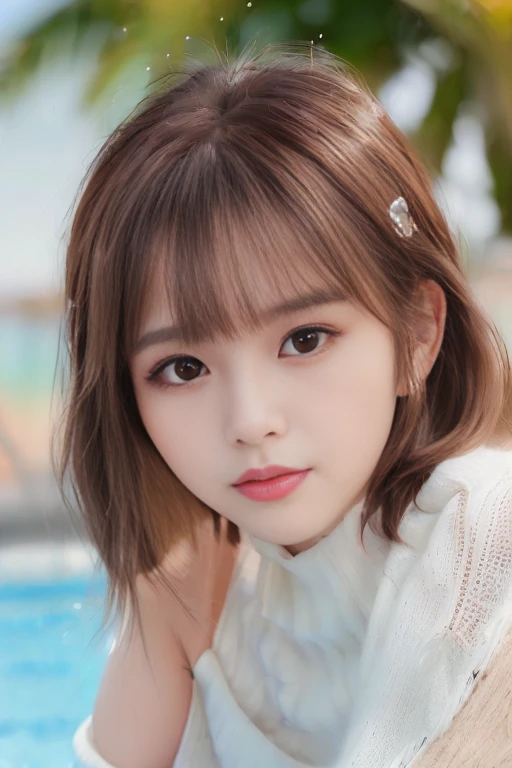 pureerosface_v1, Top Quality, Photorealistic, 8K, High Definition, 1 Girl, Woman, (Skindentation), (Portrait: 0.6), Gorgeous, Dynamic Pose, (((Poolside Background: 1.6)), Coconut Tree, ((Medium Size Round Breasted, White High Neck Sweater: 1.4)), Look straight at the viewer: 1.8, (1 Girl eyes looking at the viewer, medium-length hair, brown hair, parted bangs: 1.65), (bokeh), smile: 1.2, (mouth closed: 1.16),