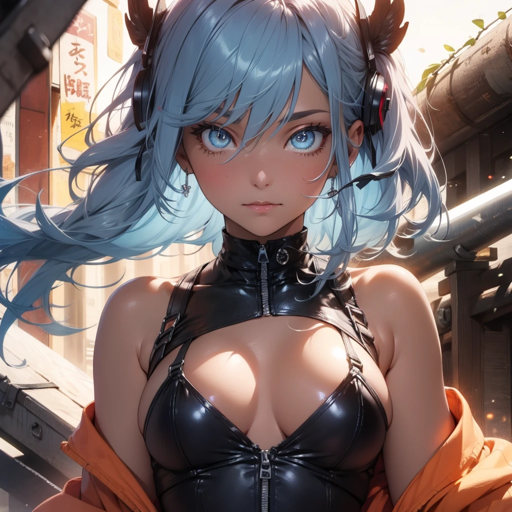 light blue hair, large hair, (orange Eyes:1.4), (medium breasts:1.5) (erectile nipples:1.1), halo of light above the head, jacket, half nude, no panties, BREAK outdoors, night, light particles in close-up, BREAK looking at viewer, BREAK (masutepiece:1.3), Best Quality, High resolution, Unity 8k壁纸, (Illustration:0.8), (Beautiful detailed eyes:1.6), extra detailed face, Perfect Lighting, extremely details CG, (Perfect hands, Perfect Anatomy),