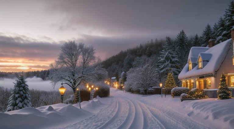 Hyperrealistic christmas landscape photo of a village covered with snow in the ethereal mist,snow is falling, christmas tree:1.2 in the center, ((street lanterns)), people on the streets, few houses with illuminated windows, smokey chimneys,vivid colors, snowy sky, sunset,pink color gradient to orange color in the sky, extremely high-resolution details, photorealism, realistic lifelike textures, masterpiece, best quality, photograph, dreamlike, intricate details, sharp focus, photography, photorealism, photorealistic, 8k, volumetric light, (intricate details), (hyperdetailed), hdr, high detailed, lot of details, high quality, soft cinematic light, dramatic atmosphere, atmospheric perspective, wide