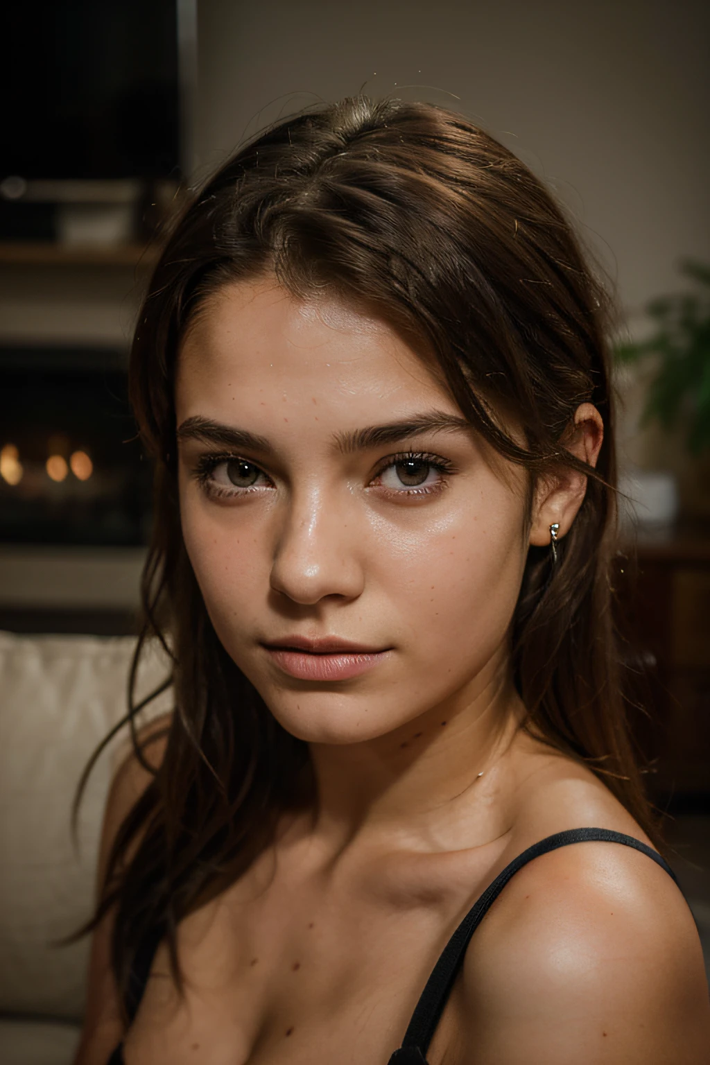 23 yo european female, portrait, shot with DSLR camera, raw photo, skin texture, ultra detailed skin texture, sharp focus, living room in the background