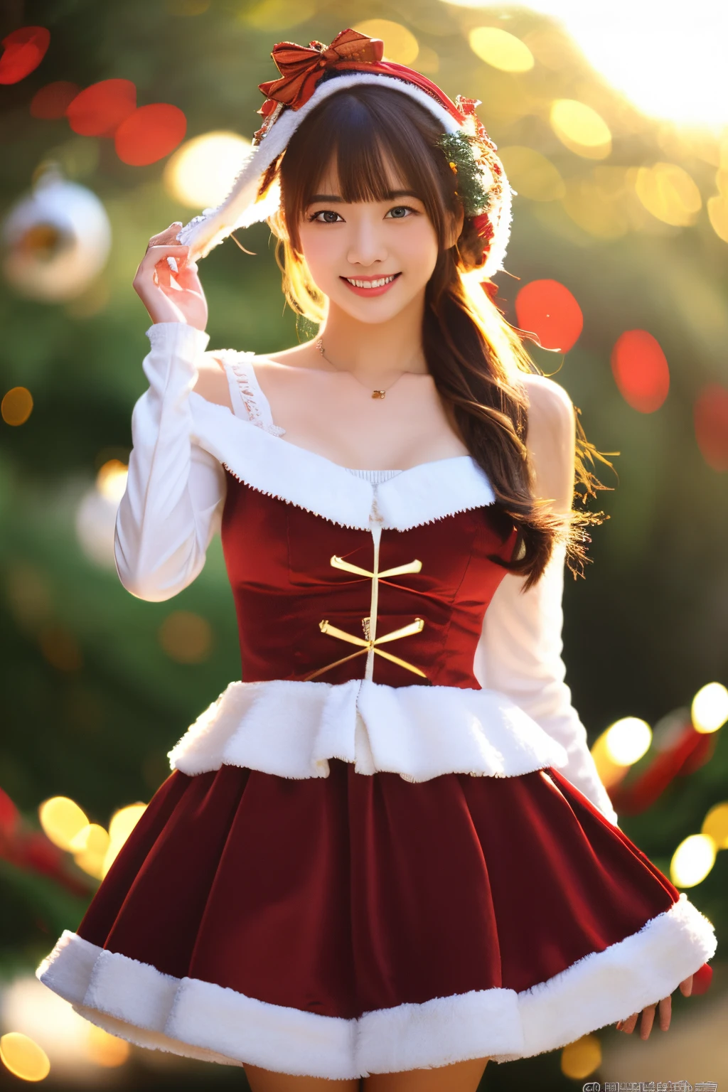 Best Quality, masutepiece, hight resolution, 1girl in,Christmas beauty full body high resolution image,Super high resolution images of beautiful faces,Dressed in Santa Claus costume,Hair Ornament,Maroon hair,fully body photo, Jewelry,Beautiful face,Tyndall effect,Photorealistic, Detailed image of horizontal Christmas tree,fullbody image,(High detailed skin:1.2),Smiling and looking at the camera,full body digital single lens reflex camera, in the soft and bright sunlight,High quality, Volumetric lighting, Candid, photograph, High resolution 8K,