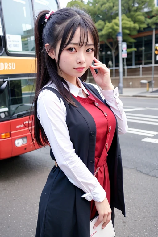 ((Best Quality)), ((masutepiece)), Perfect face,japanes,Beautie,bus guide,tourist destination,soio,bus guide costume
