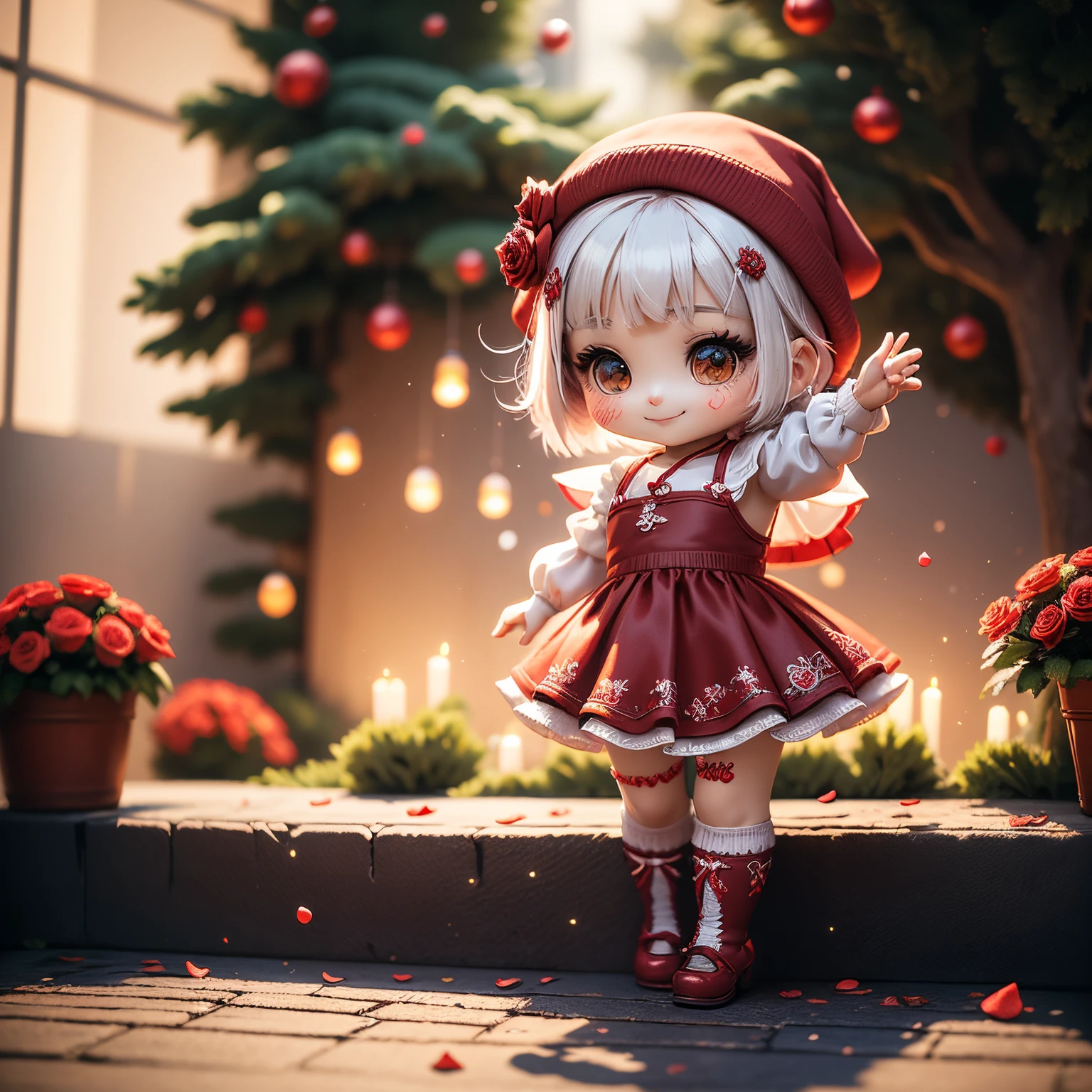 ​masterpiece、top-quality、ultra-detailliert、(Chibi Chara's Daughter:1.2),White Bob,Red knitted hat,Luxury camisole with red frills,Red knee socks,Rose Flower Carpet,Christmas Wreath,A smile,Full-body standing figure,glitter shines