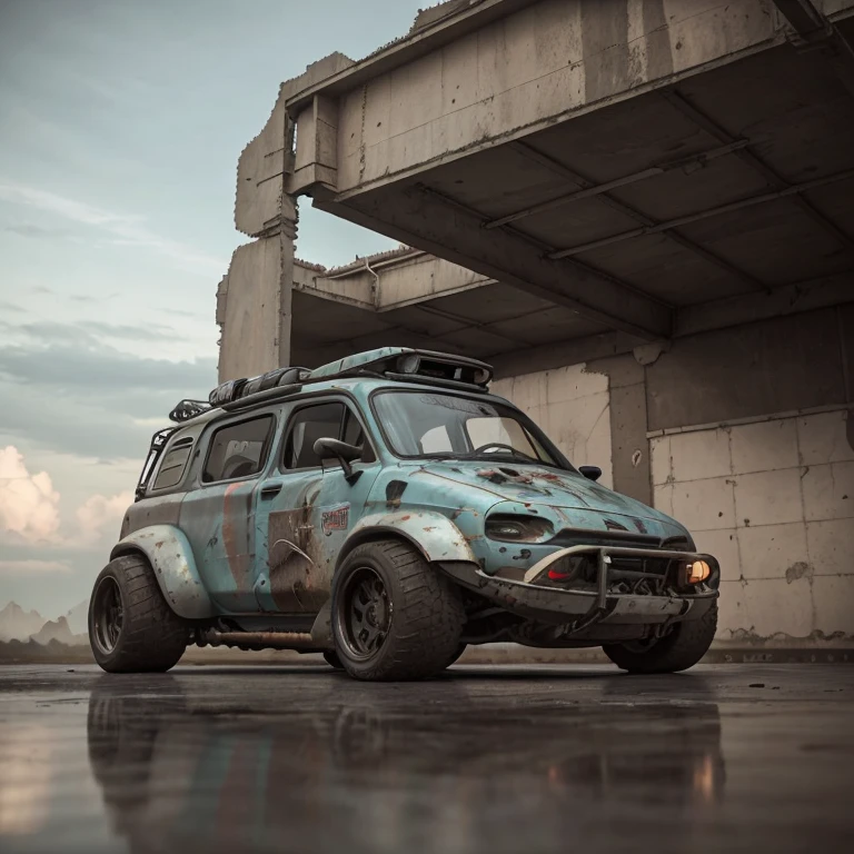 GoPro Shot de um (van blindada cyberpunk) Zeekars, 3/4 vista frontal, wide angle action shot, post apocalyptic, ao ar livre, Noite, caminho, destruction, decair, luar, lua cheia no fundo, master part, fotorrealista, 8k, High detail, tema escuro,