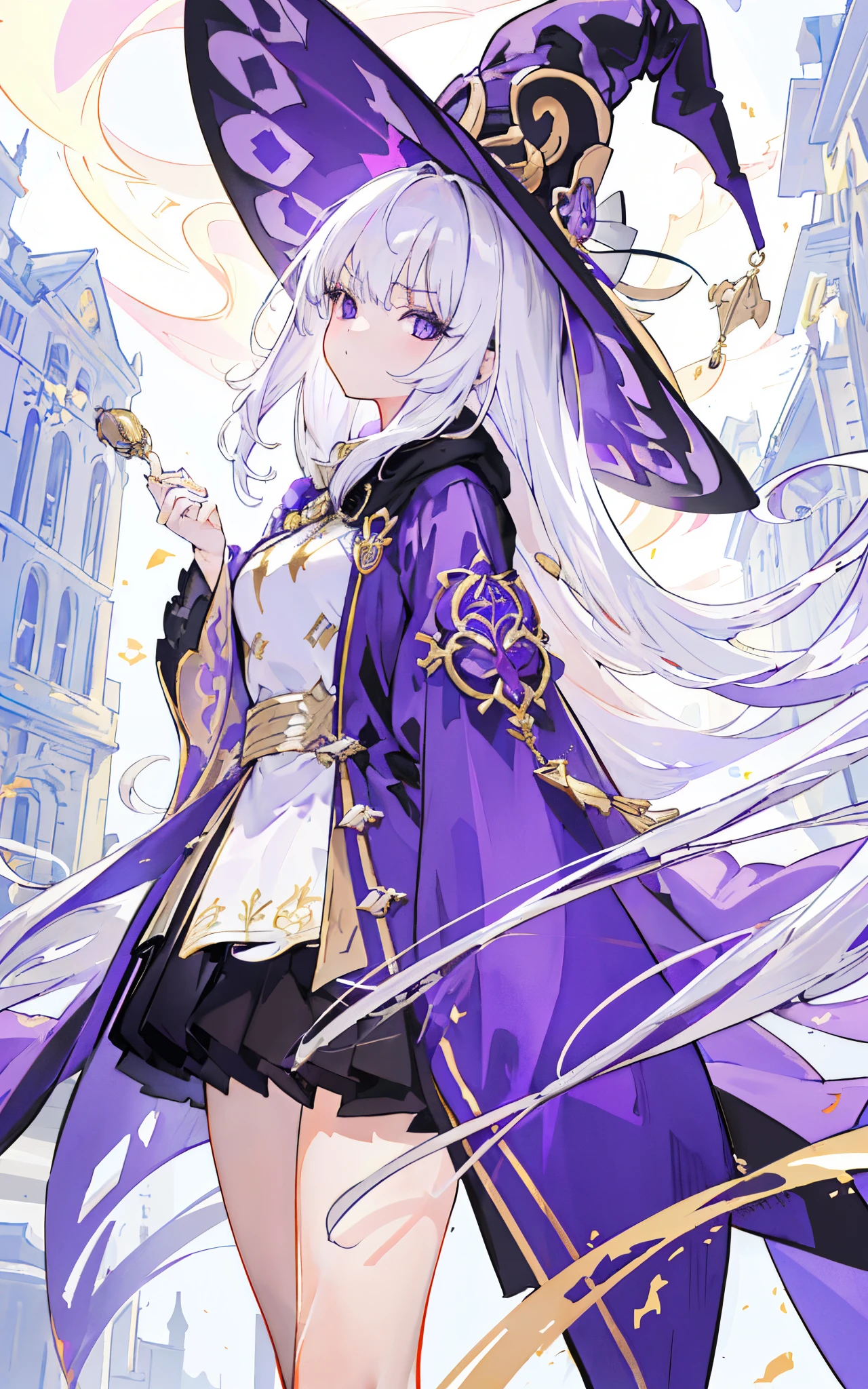 (8K, Best quality at best, tmasterpiece:1.2),\(Eyes detailed\),\(facial feature\),(\(Clothing details body details,(surface focus) ,Very detailed CG unified 8k wallpaper,hugefilesize,ultra - detailed,A high resolution,Huang Li,beautidful eyes,ray traycing,Dramatic shadows,Detailed pubic hair,dramatic angles,hyper-detailing,(1 girl:1.3),(Alone),Number 11,White hair,long, slick hair,Student Highlights,big and round eyes,flatchest,Scared,pouting,(Purple gold embroidered magic robe),Witch hat.magic guild background,Marble building,English architectural style