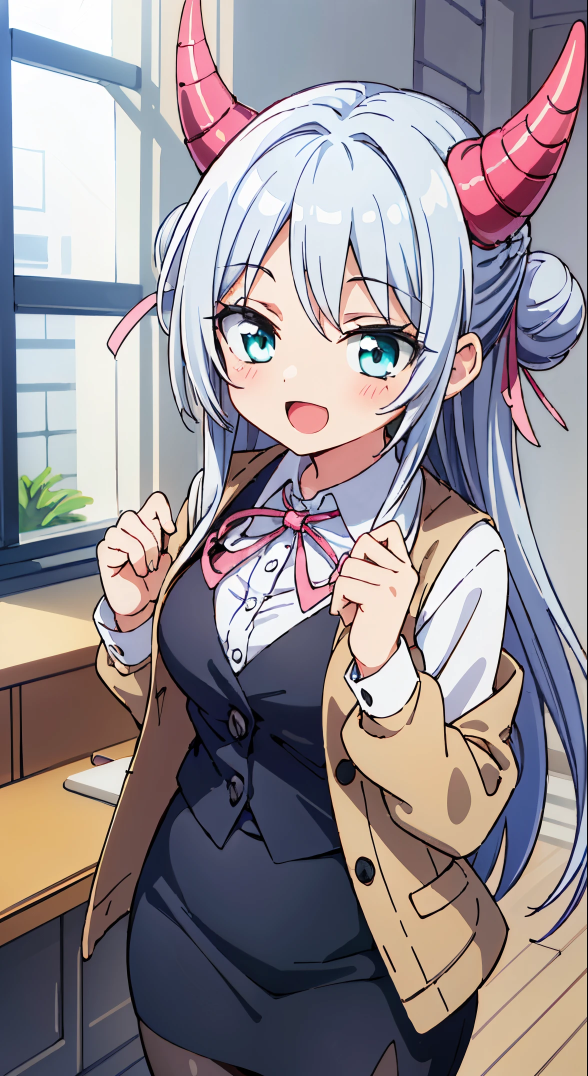 (masutepiece, Best Quality, Perfect Anatomy, High quality:1.4), nice hand, Perfect hands, Detailed beautiful hands, Large_filesize, fulcolor, hight resolution, symmetric, exceptional, Best aesthetic, newest, Anime, very beautiful detailed body,The hair,faces,The eye,BREAK,



(masutepiece, Best Quality, Perfect Anatomy, High quality:1.4), nice hand, Perfect hands, Detailed beautiful hands, Large_filesize, fulcolor, hight resolution, symmetric, exceptional, Best aesthetic, newest, Anime, very beautiful detailed body,The hair,faces,The eye,BREAK, 1 beautiful girl, 1girl in, (Cute:1.5),(Cool:0.8), (Beauty:1.5),(Chibi:0.5), (17 years old girl), (girl, Older sister, Unclear, Beautiful face of Japan:1.2) BREAK, (A detailed eye,Tsuriformes:1.2),(Silver hair,Long hair in a bun,ox’s horn,Deco:1.8), Star eyes silhouette thick eyelashes, Double eyelids:1.2), cleavage,Swaying udder, Clear skin, Beautiful skin, Shy, Erect ,Clear skin, Beautiful skin, Shy, gleaming skin,(best quality face),(Top quality glowing eyes),(The best smile,:D:1.45)

 REAK (white and gray theme:1.3), (wearing in [[white and gray check pattern]] Vest worn over white collared long-sleeved shirt:1.4), (gray vest with buttons:1.2),
BREAK (Pink Theme:1.2), (pink ribbon bow:1.3),
BREAK (Black theme:1.4), (Tight black pencil skirt:1.5), (pantyhose:1.3), (high-heels:1.1),

BREAK ,(Office, desk work, whiteboard, sofa, buildings from window,Makuhoku Computer,
(upward looking gaze :1.2) ,
Looking Up ,
From  above ,depth of fields,

 BREAK,wakame,wakame,wakame,(Cowboy Shot:1.4), 

BREAK,(Blurry background:1.3),(absurderes, hight resolution, Super Detail Art),cel shading,Clear Color, Lonely optical effect, Beautiful pictures, Bright glow, mystic atmosphere,(Close-up of girl:1.1), Mystical light particle effect,manga influence, clean line drawings,