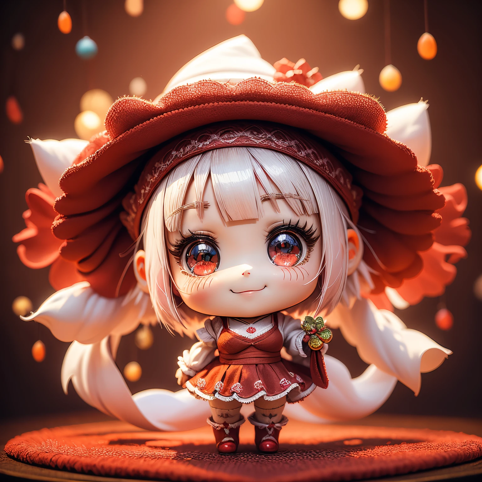 ​masterpiece、top-quality、ultra-detailliert、(Chibi Chara's Daughter:1.2),White Bob,Red knitted hat,Luxury camisole with red frills,Red knee socks,Rose Flower Carpet,Christmas Wreath,A smile,Full-body standing figure,Glitter