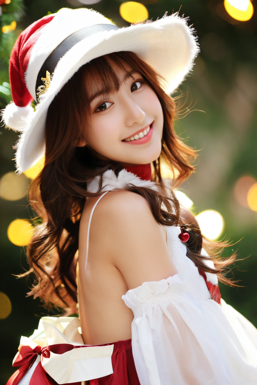 Best Quality, masutepiece, hight resolution, 1girl in,Christmas beauty full body high resolution image,Super high resolution images of beautiful faces,Dressed in Santa Claus costume,Hair Ornament,Maroon hair,fully body photo, Jewelry,Beautiful face,Tyndall effect,Photorealistic, Detailed image of horizontal Christmas tree,fullbody image,(High detailed skin:1.2),Smiling and looking at the camera,full body digital single lens reflex camera, in the soft and bright sunlight,High quality, Volumetric lighting, Candid, photograph, High resolution 8K,
