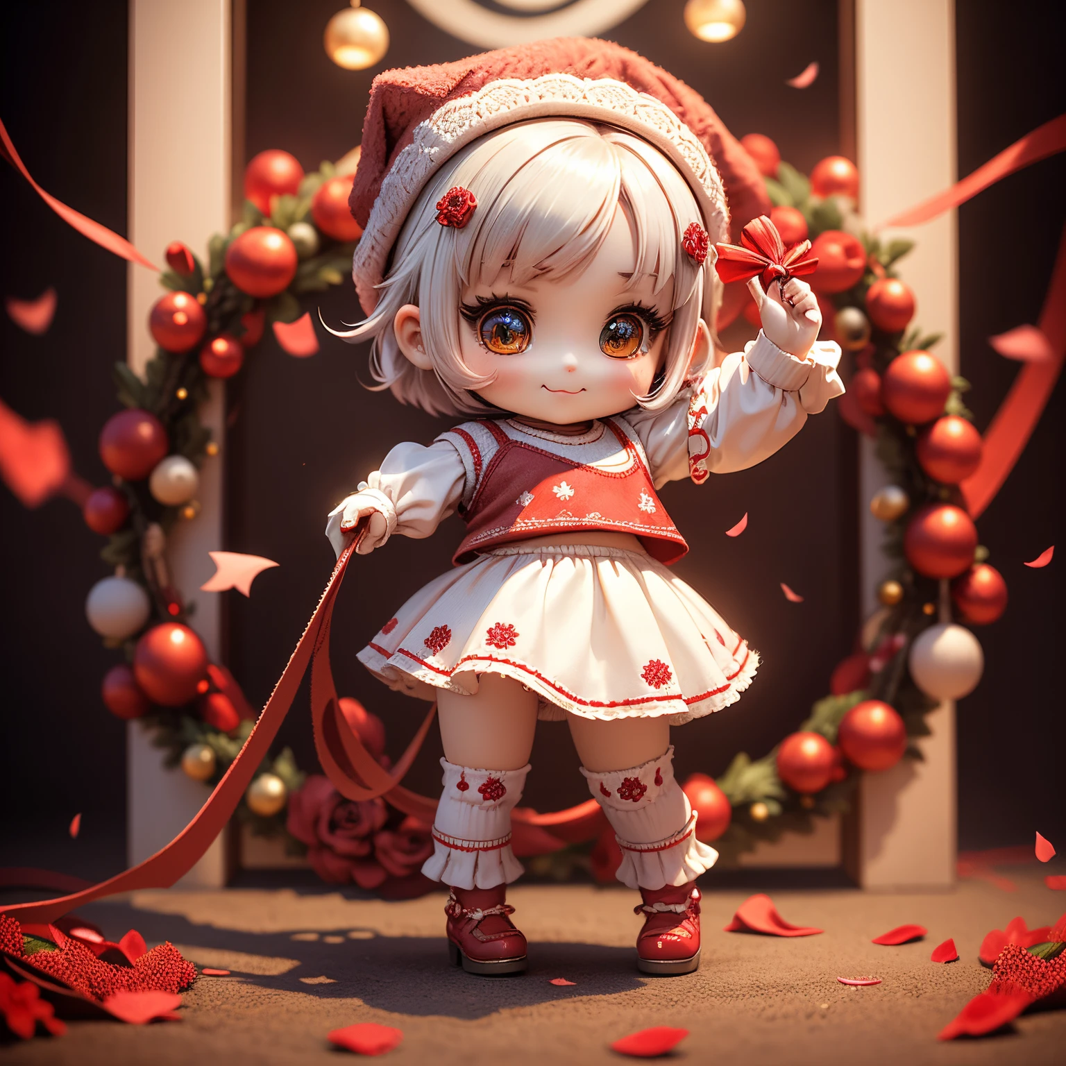 ​masterpiece、top-quality、ultra-detailliert、(Chibi Chara's Daughter:1.2),White Bob,Red knitted hat,Luxury camisole with red frills,Red knee socks,Rose Flower Carpet,Christmas Wreath,A smile,Full-body standing figure,Glitter