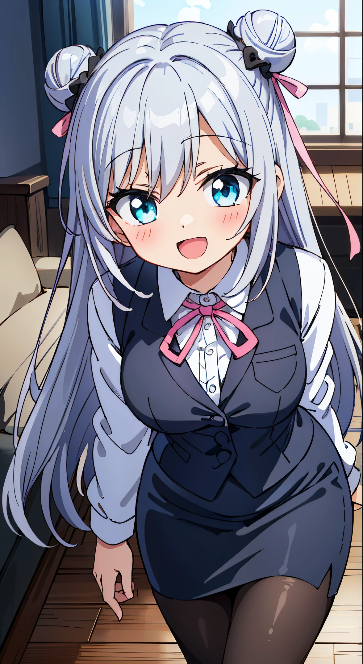 (masutepiece, Best Quality, Perfect Anatomy, High quality:1.4), nice hand, Perfect hands, Detailed beautiful hands, Large_filesize, fulcolor, hight resolution, symmetric, exceptional, Best aesthetic, newest, Anime, very beautiful detailed body,The hair,faces,The eye,BREAK,



(masutepiece, Best Quality, Perfect Anatomy, High quality:1.4), nice hand, Perfect hands, Detailed beautiful hands, Large_filesize, fulcolor, hight resolution, symmetric, exceptional, Best aesthetic, newest, Anime, very beautiful detailed body,The hair,faces,The eye,BREAK, 1 beautiful girl, 1girl in, (Cute:1.5),(Cool:0.8), (Beauty:1.5),(Chibi:0.5), ( girl), (girl, Older sister, Unclear, Beautiful face of Japan:1.2) BREAK, (A detailed eye,Tsuriformes:1.2),(Silver hair,Long hair in a bun,ox’s horn,Deco:1.8), Star eyes silhouette thick eyelashes, Double eyelids:1.2), cleavage,Swaying udder, Clear skin, Beautiful skin, Shy, Erect ,Clear skin, Beautiful skin, Shy, gleaming skin,(best quality face),(Top quality glowing eyes),(The best smile,:D:1.45)

 REAK (white and gray theme:1.3), (wearing in [[white and gray check pattern]] Vest worn over white collared long-sleeved shirt:1.4), (gray vest with buttons:1.2),
BREAK (Pink Theme:1.2), (pink ribbon bow:1.3),
BREAK (Black theme:1.4), (Tight black pencil skirt:1.5), (pantyhose:1.3), (high-heels:1.1),

BREAK ,(Office, desk work, whiteboard, sofa, buildings from window,Makuhoku Computer,
(upward looking gaze :1.2) ,
Looking Up ,
From  above ,depth of fields,

 BREAK,wakame,wakame,wakame,(Cowboy Shot:1.4), 

BREAK,(Blurry background:1.3),(absurderes, hight resolution, Super Detail Art),cel shading,Clear Color, Lonely optical effect, Beautiful pictures, Bright glow, mystic atmosphere,(Close-up of girl:1.1), Mystical light particle effect,manga influence, clean line drawings,