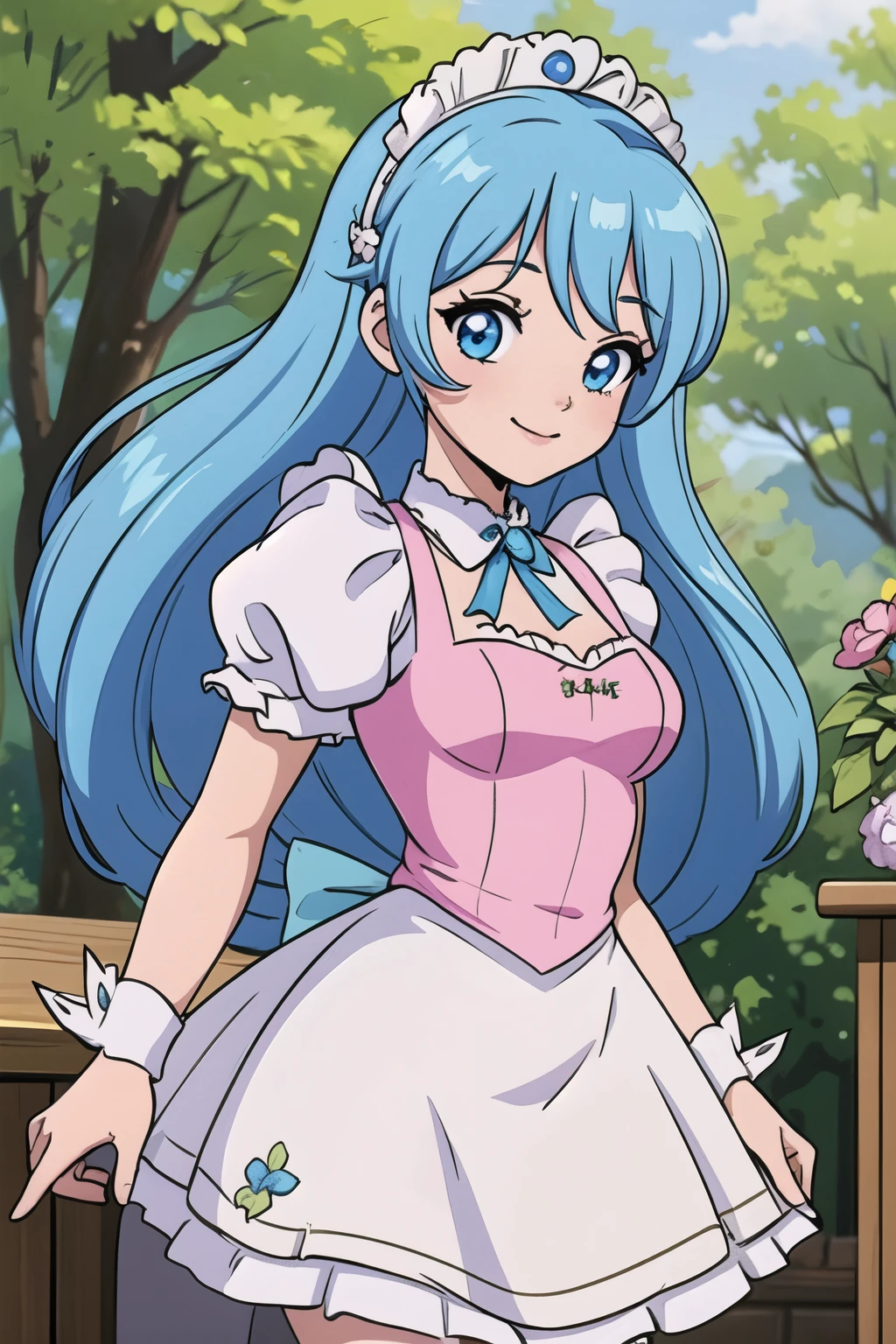 Super Idol　A beautiful girl in a sparkling maid cafe　A charming smile　sky blue hair　length hair　Twin-tailed　A cafe full of flowers in a bright forest　White the, pink there, Blue and yellow maid style leotard　facing front