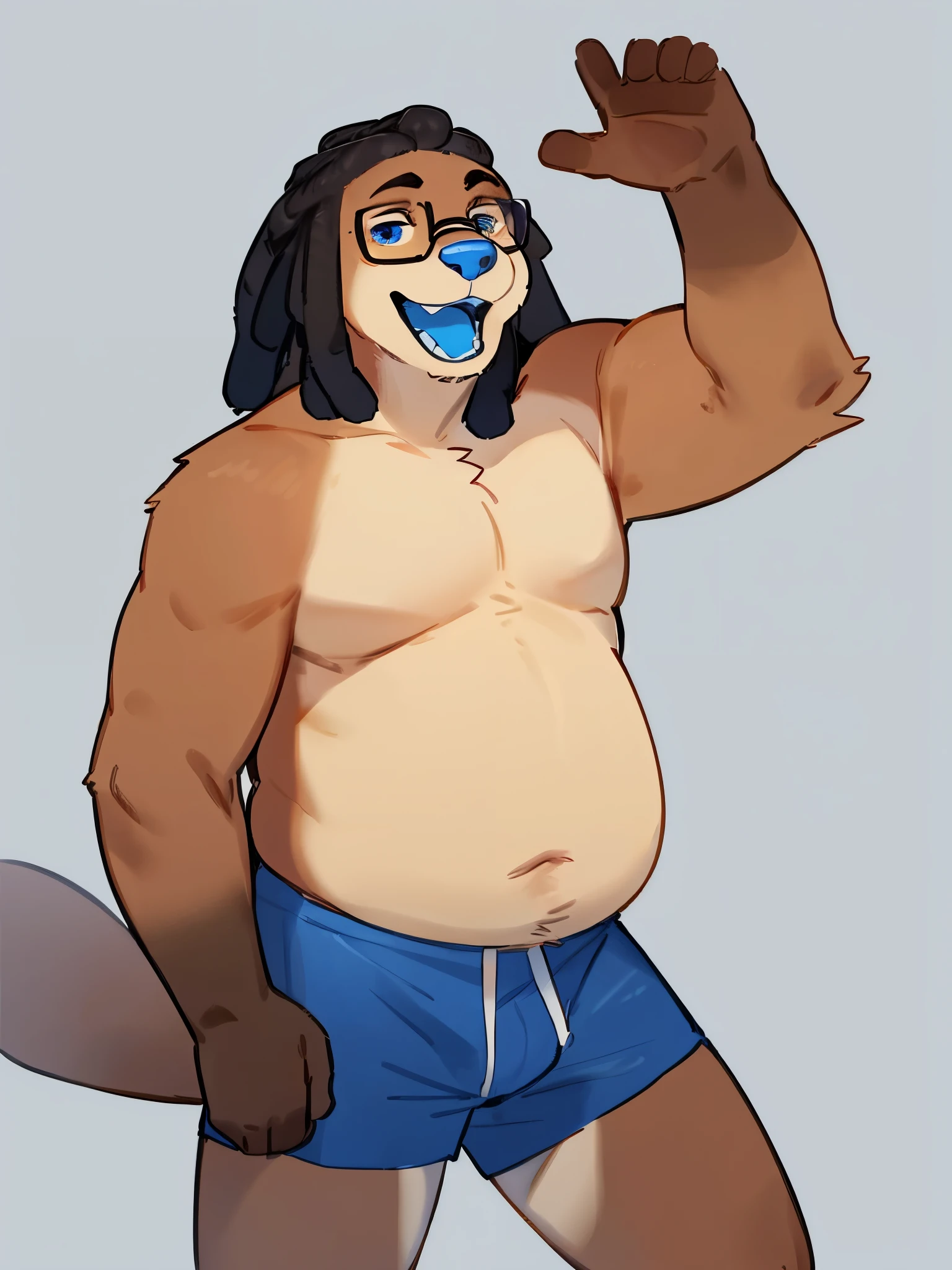 By bebebebebe, by lostgoose, by goonie-san, solo, male, otter, brown fur, black hair, dreadlocks, glasses, open mouth, blue nose, blue tongue, chubby, standing, boxers