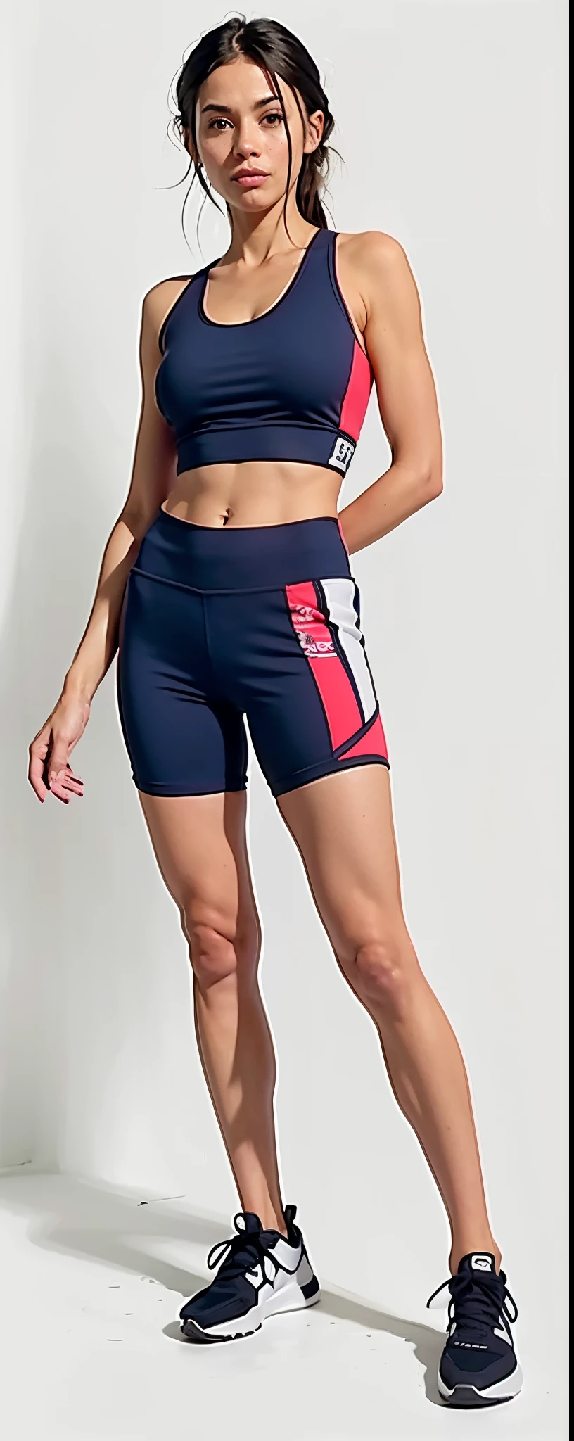a woman in a sports bra, top and shorts posing for a photo, sports bra and shorts to dark blue, sports bra and shorts, Corte Yoga Curto, sport shorts, bra and shorts to streetwear, roupas esportivas, Coxas, de bermuda, roupas esportivas fofas, shorts, mulher curta robusta, roupas esportivas, two piece workout clothes, athletic shorts, baixa estatura, legs visible