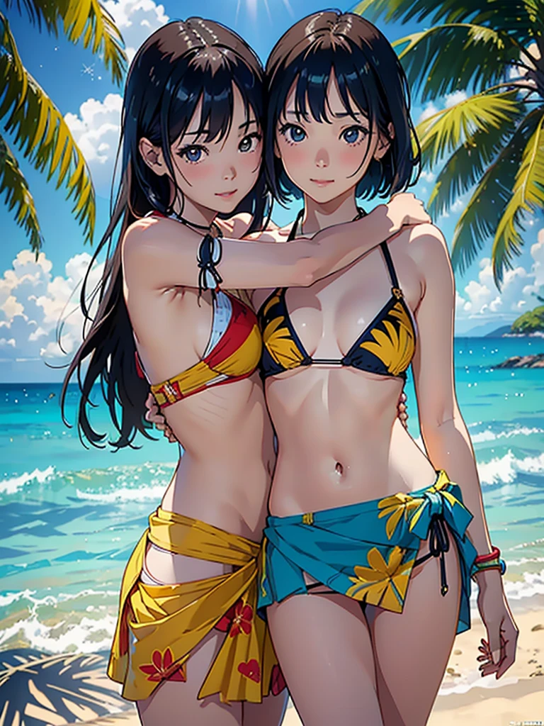 ​masterpiece、top-quality、超A high resolution、 [ 4 k digital art ]!!、 8k high quality detailed art、Wallpaper、 Detailed Digital Anime Art、Realisticity、Cinema Angle、hposing Gravure Idol、(((Two beautiful girls)))、((Hug your partner from behind))、cute  face、 ((Detailed depiction of a beautiful face))、kindly smile、年轻、Bikini swimwear、Photorealistic perfect body、(Bold ethnic patterns wrapped around the waist and skirt and plenty of primary colors)、light Particle、llight rays、Tropical、Against the background of palm trees on both sides、on a sunny beach、Against the background of the sea、blur backgroun、