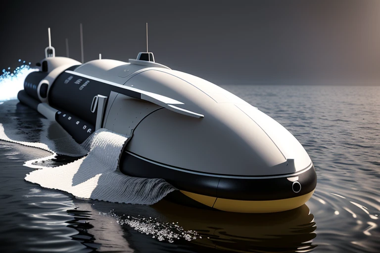 Close-up of submarine on the water, transportation design render, concept photo!!, On the surface of the sea,There is a fence,high res render, Render in key shot, Depicted as a 3D rendering, spaceship concept art, conceptual rendering, Concept ship, Flying sci-fi vehicle, spaceship design, 3D rendering n - 9, Future product photography