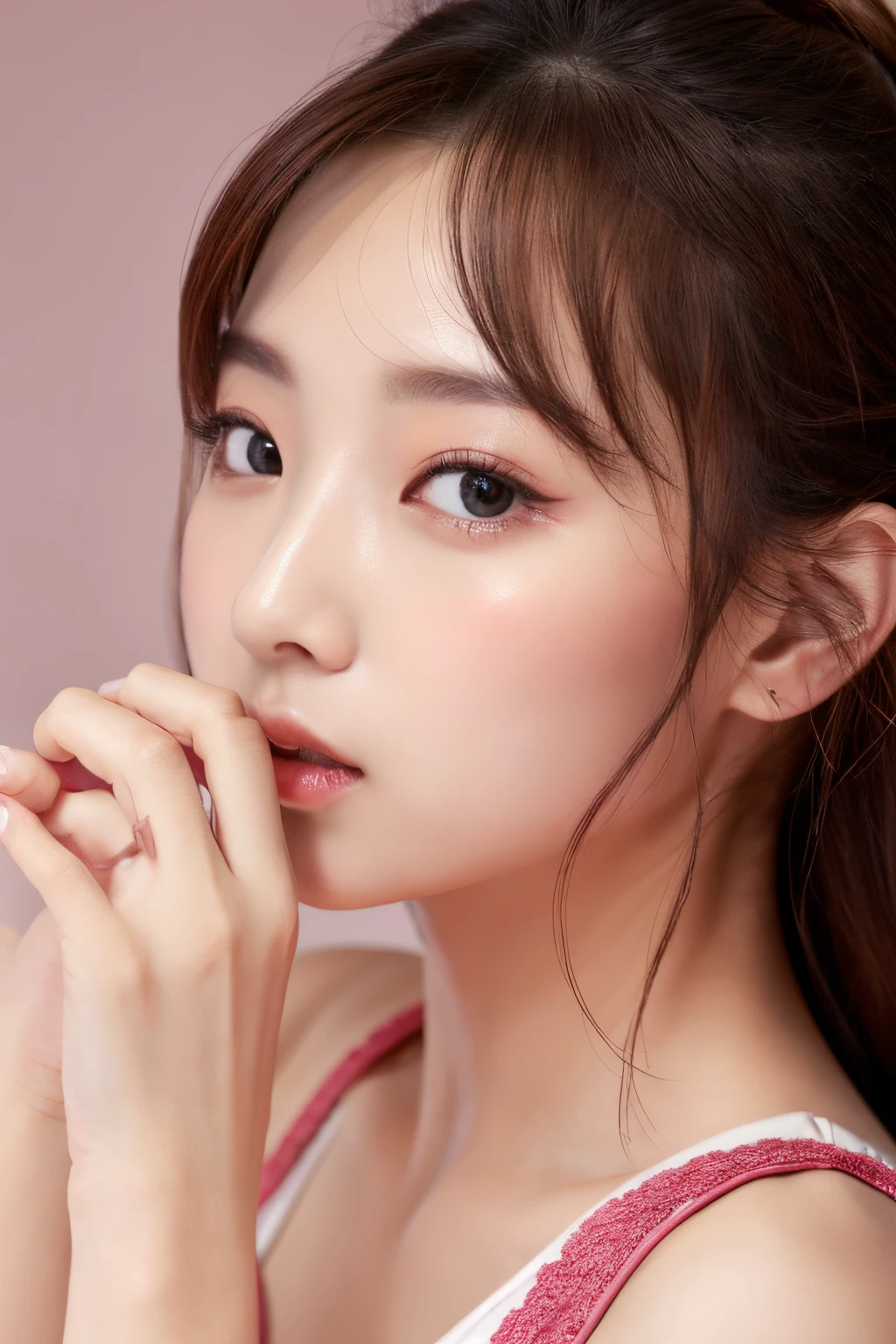 in 8K、超A high resolution、Best Quality、masutepiece)、woman with thick lips、Man pinching her thick lips with his fingers 1