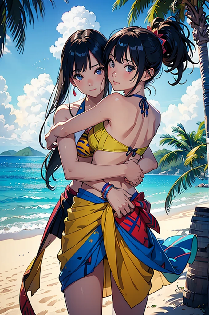 ​masterpiece、top-quality、超A high resolution、 [ 4 k digital art ]!!、 8k high quality detailed art、Wallpaper、 Detailed Digital Anime Art、Realisticity、Cinema Angle、hposing Gravure Idol、(((Two beautiful girls)))、((put your arm around your partner#39;waist from behind))、cute  face、 ((Detailed depiction of a beautiful face))、kindly smile、年轻、Bikini swimwear、Photorealistic perfect body、(Bold ethnic patterns wrapped around the waist and skirt and plenty of primary colors)、light Particle、llight rays、Tropical、Against the background of palm trees on both sides、on a sunny beach、Against the background of the sea、blur backgroun、