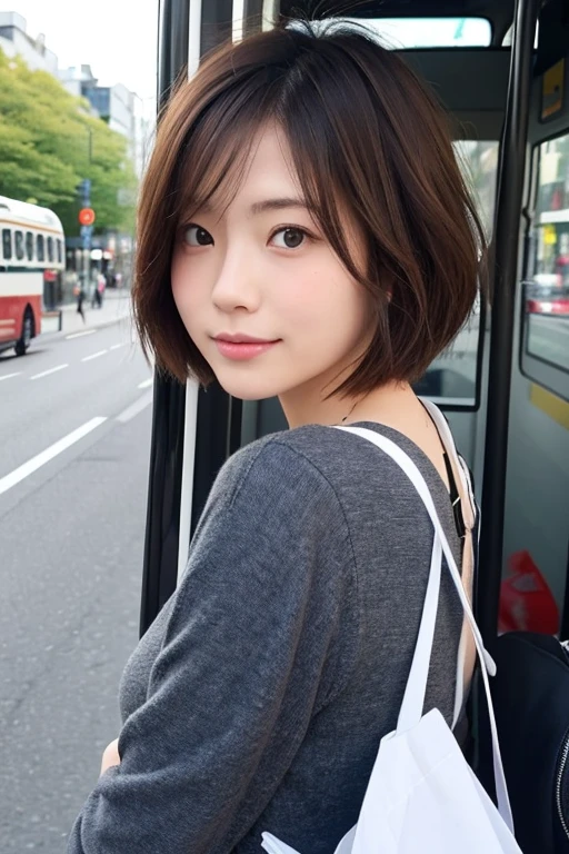 ((Best Quality)), ((masutepiece)), Perfect face,japanes,Beautie,,tourist destination,soio,Shorthair,Sightseeing Bus