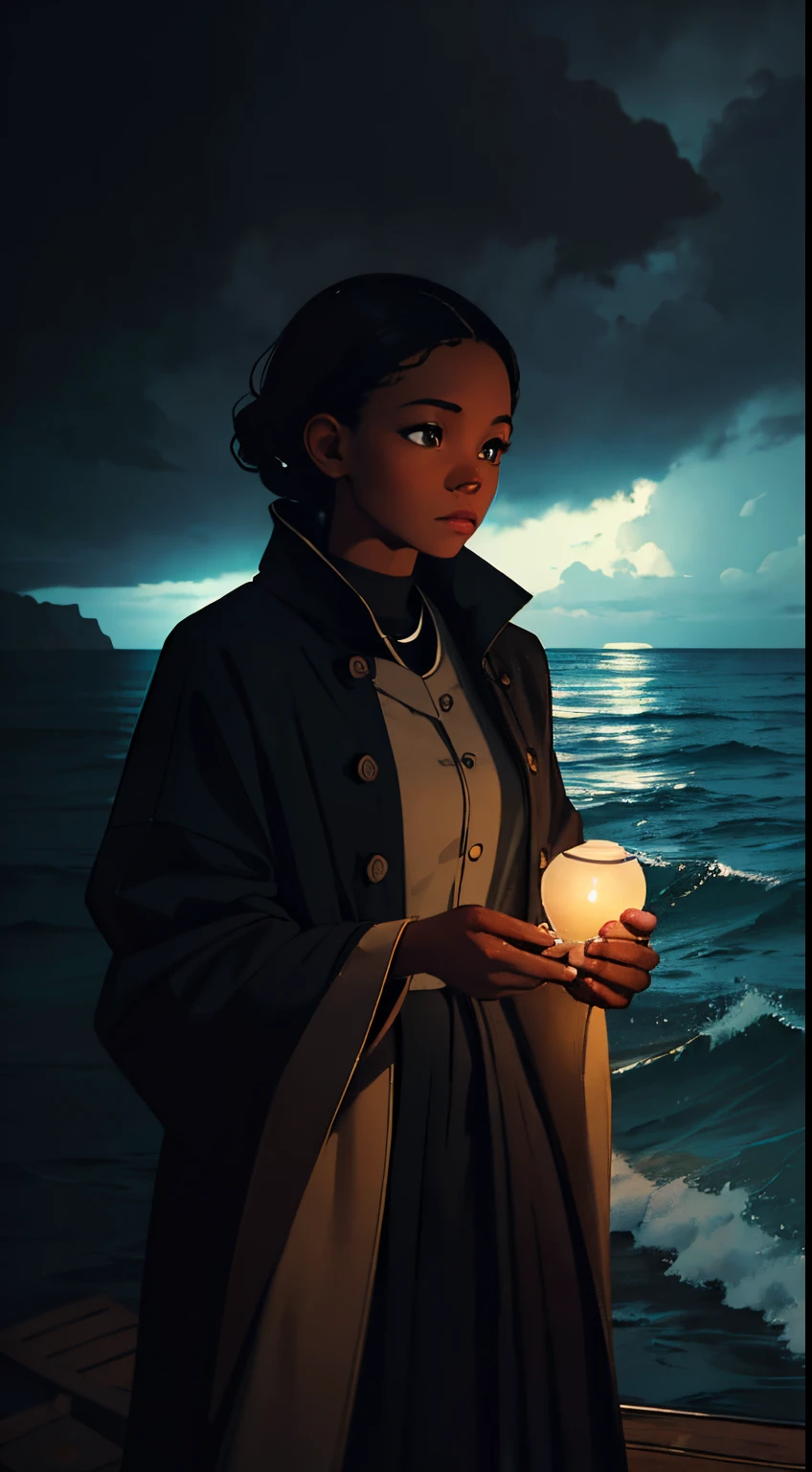 A brief moment of calm on a stormy sea, beautiful black girl with cinnamon skintone, neutral color clothing against the vibrant colors of nature's respite. Portrait shot with peach and cyan lighting , detailed intricate , Slow shutter speed Miriam Schapiro, chiaroscuro, wabi sabi art style , camera obscura, beautiful, masterpiece, behance winning